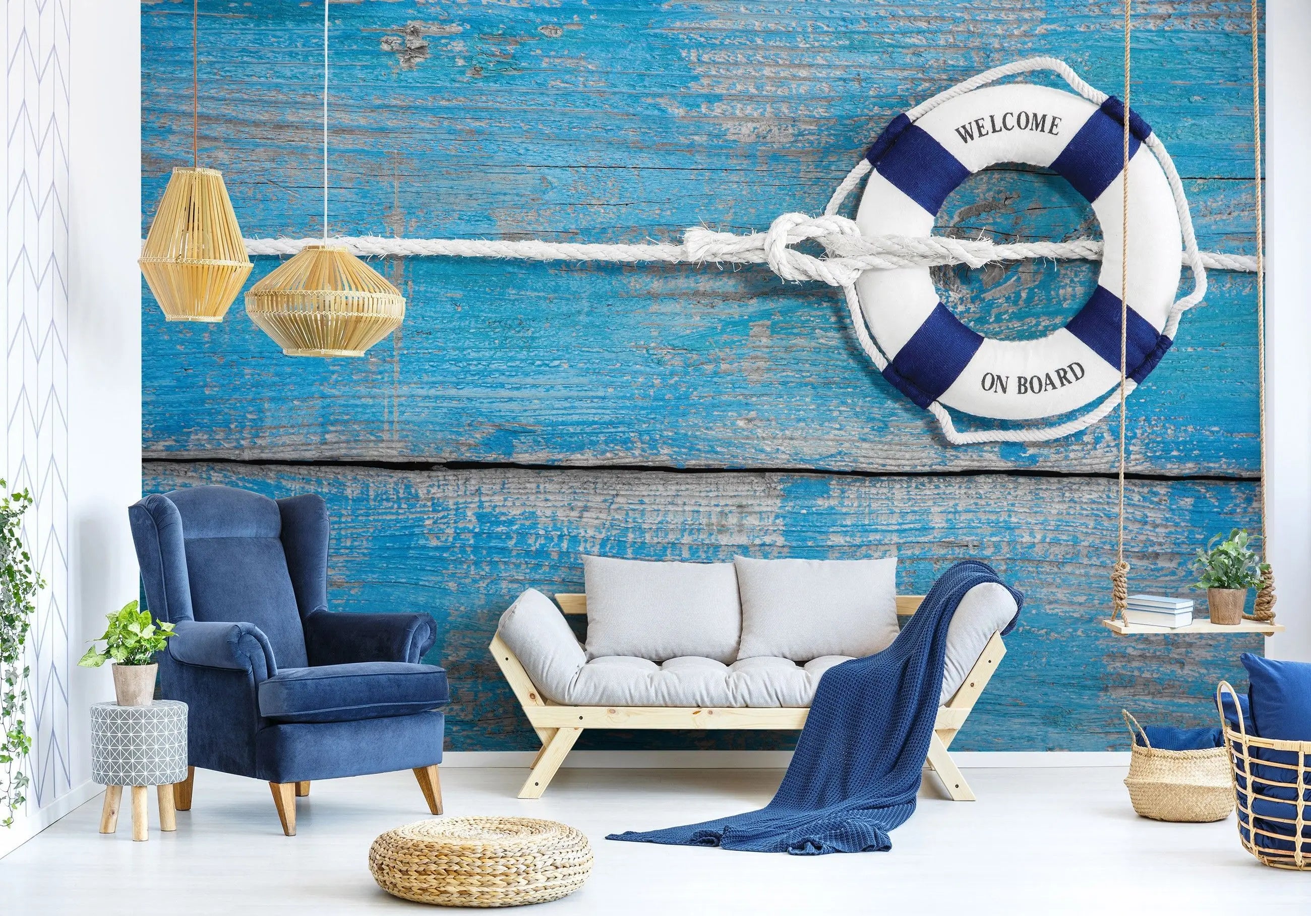 Billede 5 af Fototapet - Blå trævæg med hvid og blå redningskrans