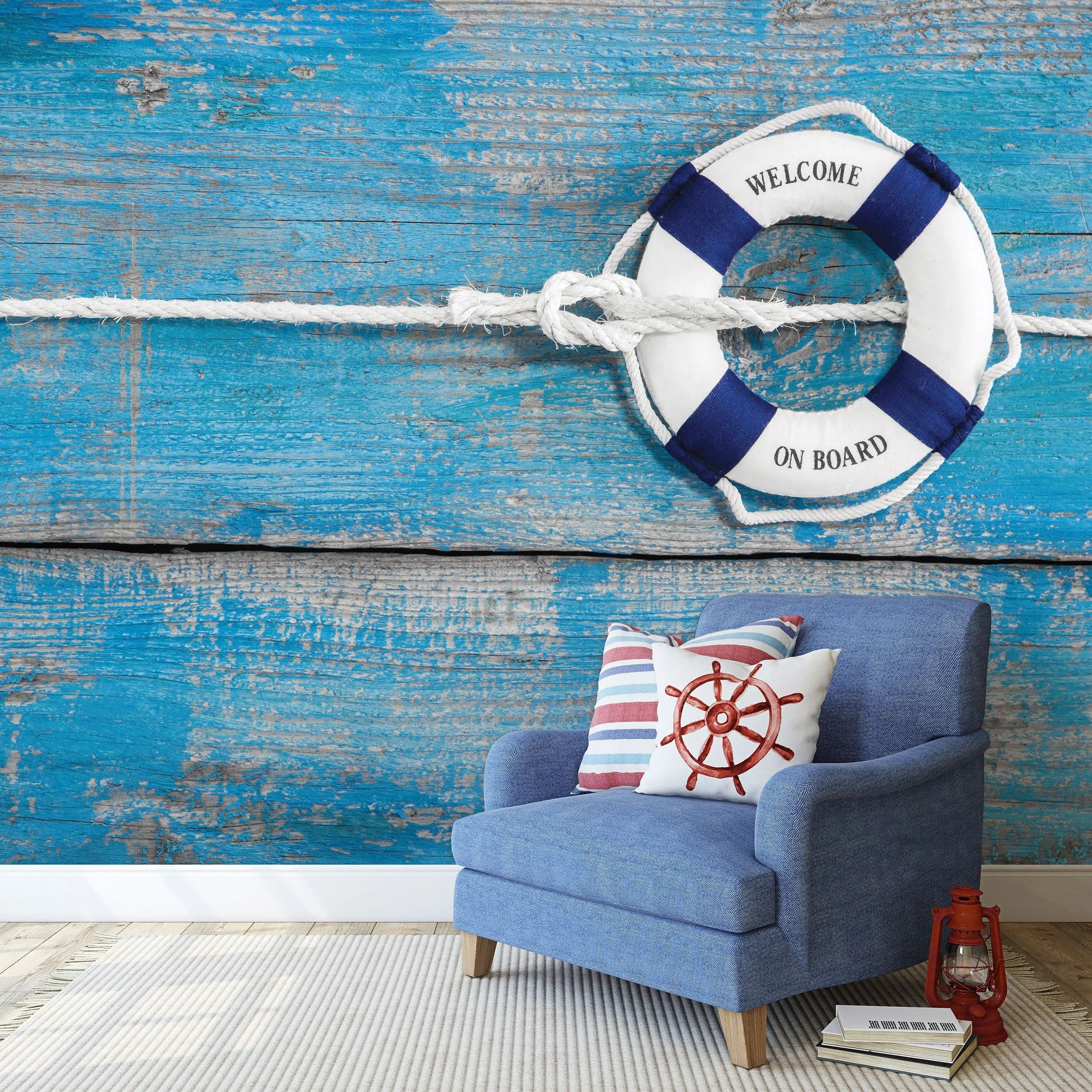 Billede 7 af Fototapet - Blå trævæg med hvid og blå redningskrans