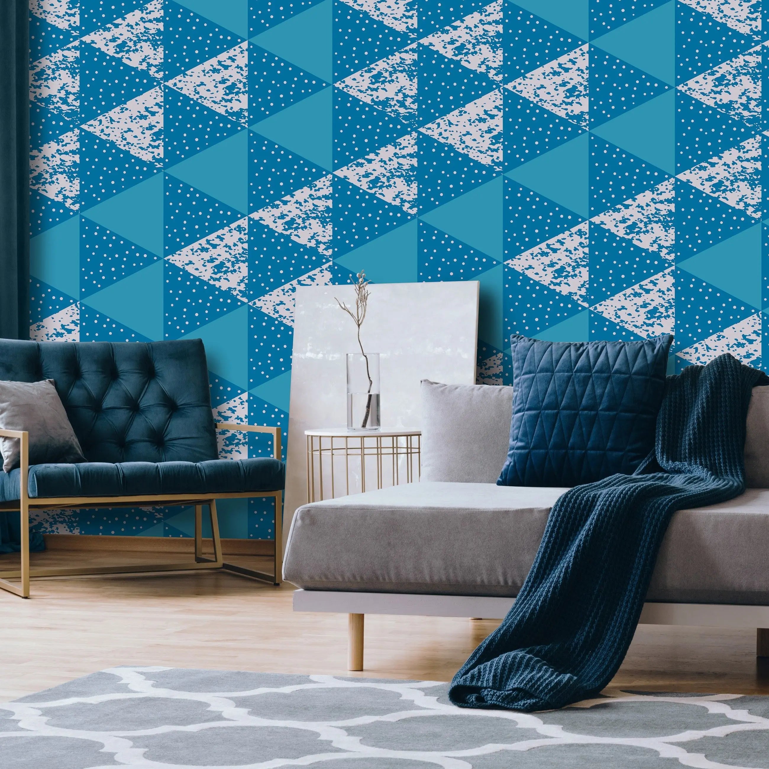 Billede 11 af Fototapet - Blå trekantet geometrisk mønster med hvid prikstruktur