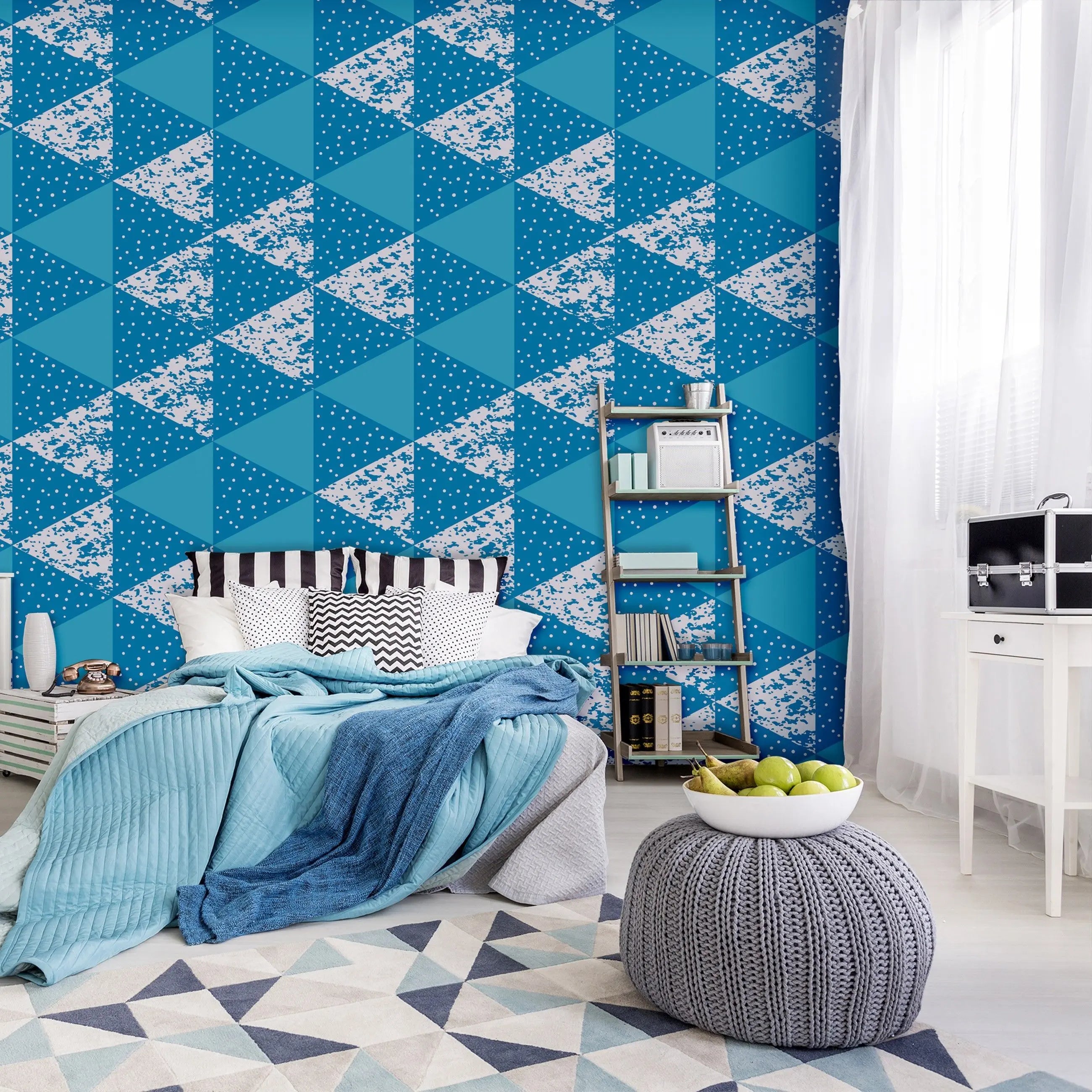 Billede 12 af Fototapet - Blå trekantet geometrisk mønster med hvid prikstruktur