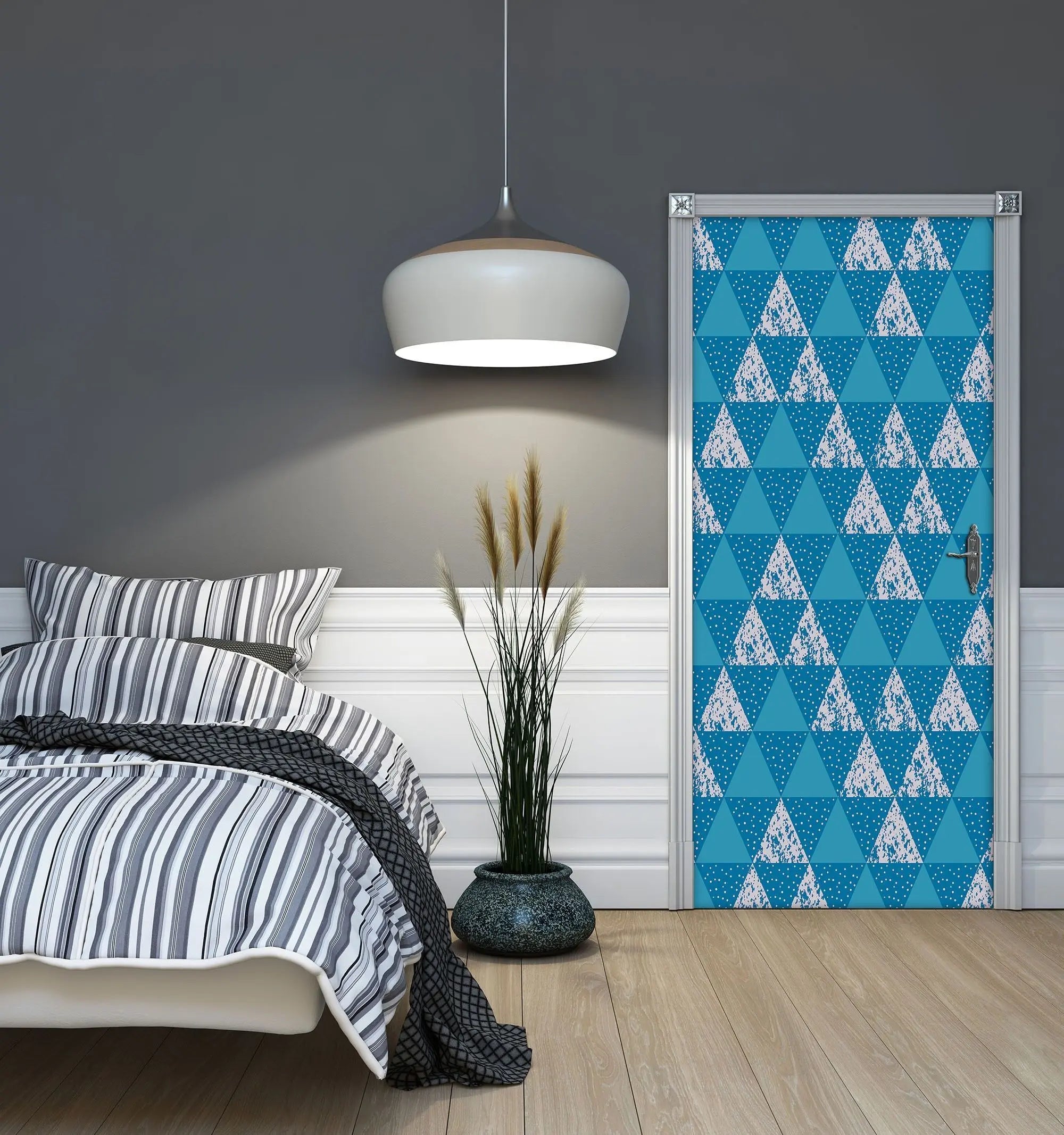 Billede 5 af Fototapet - Blå trekantet geometrisk mønster med hvid prikstruktur