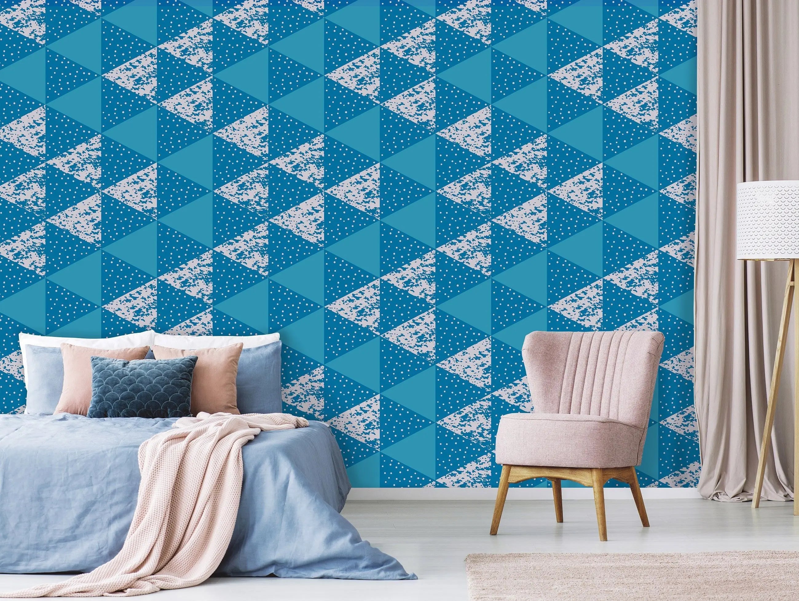 Billede 8 af Fototapet - Blå trekantet geometrisk mønster med hvid prikstruktur