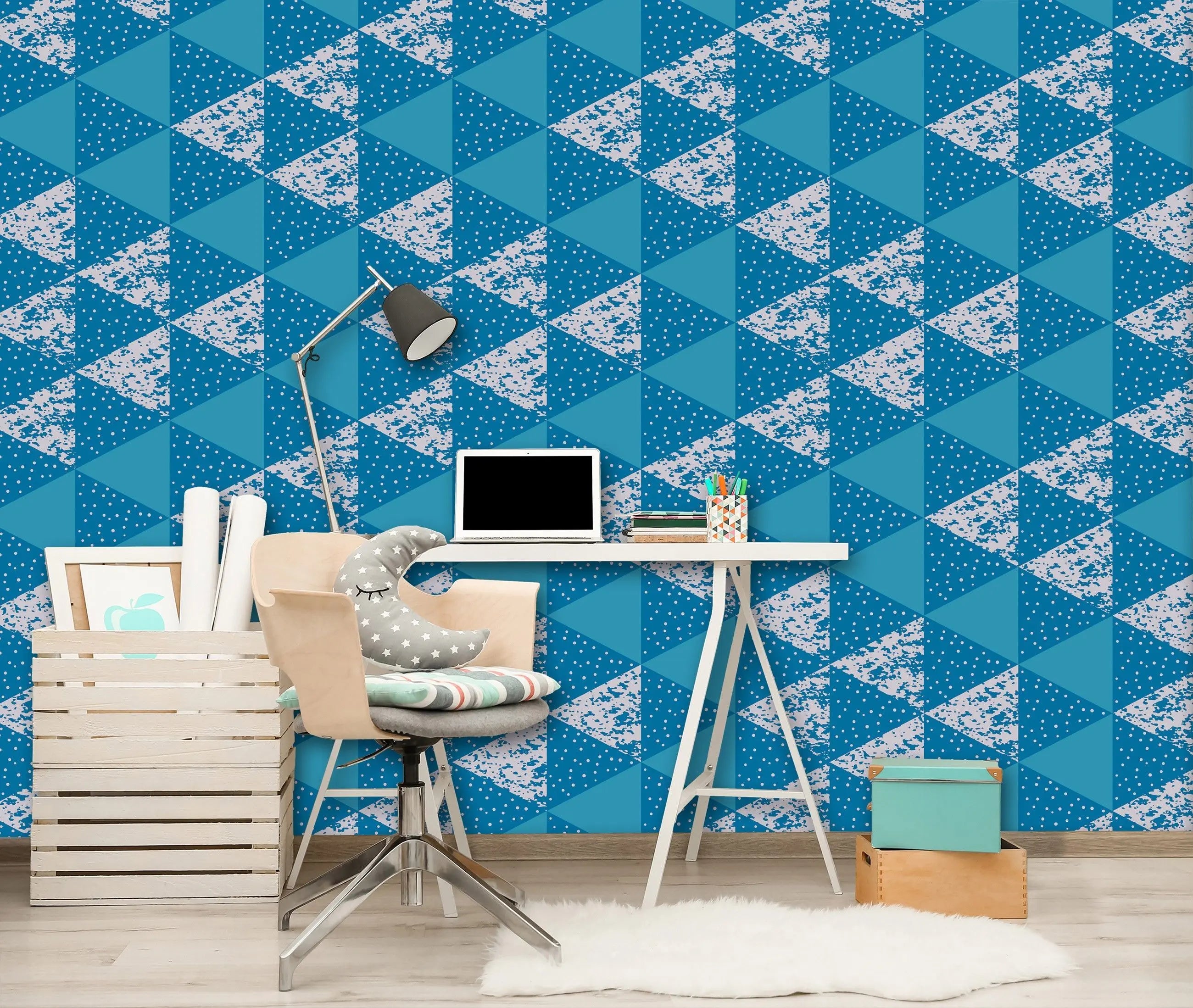 Billede 9 af Fototapet - Blå trekantet geometrisk mønster med hvid prikstruktur