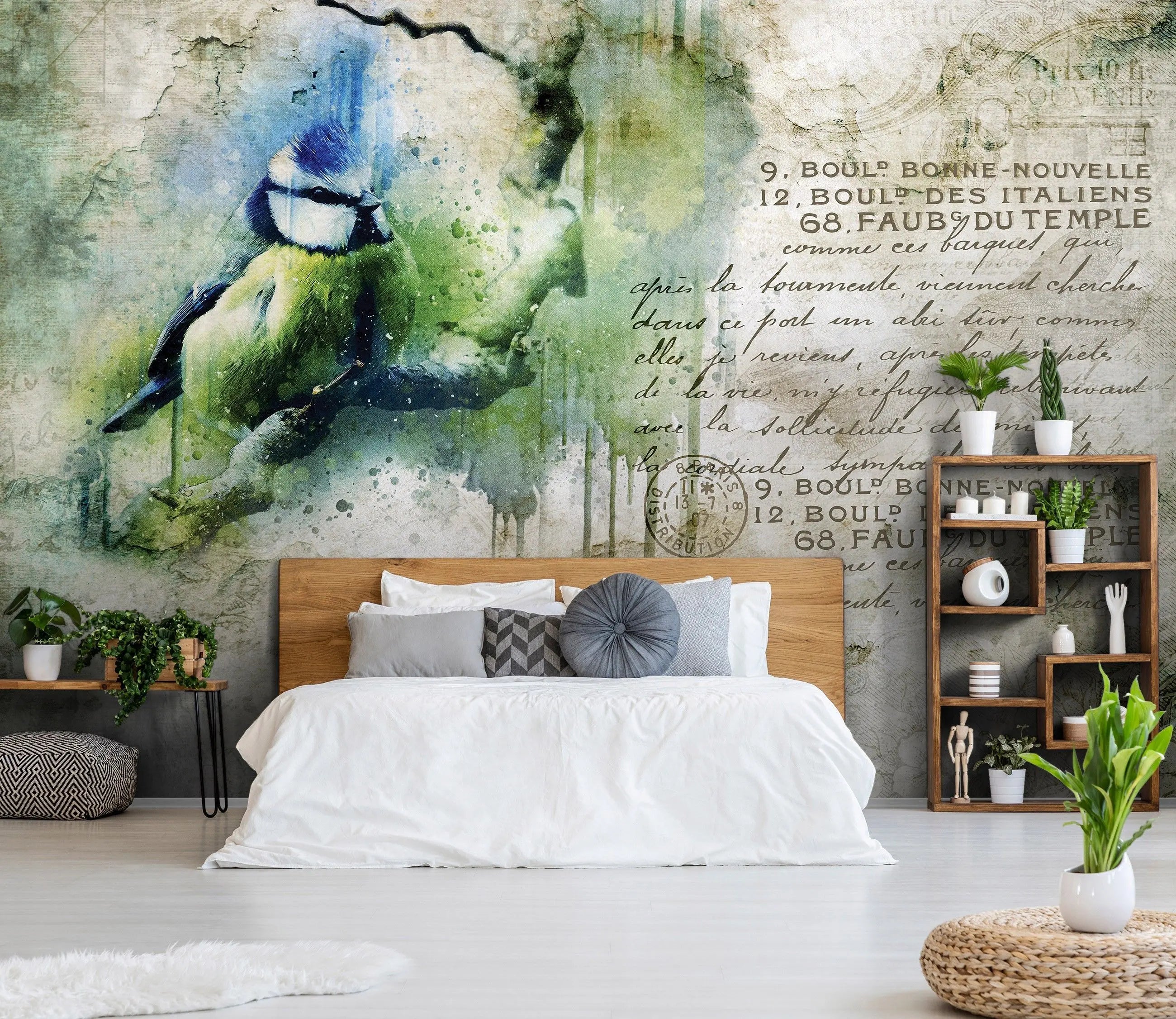 Billede 10 af Fototapet - Blåmejse med gammel håndskrift og akvarelbaggrund