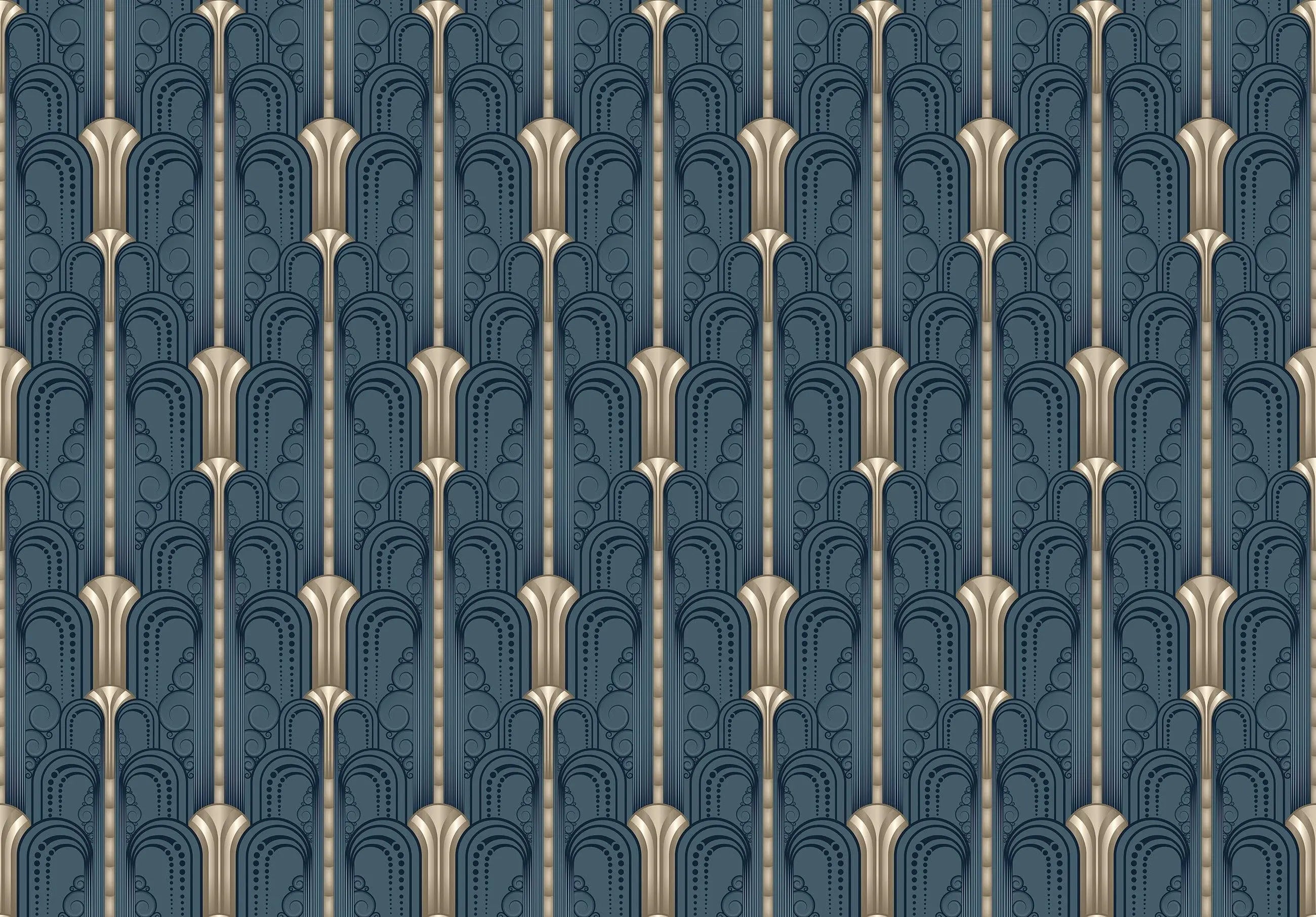 Billede 9 af Fototapet - Blåt Art Deco-mønster med gulddetaljer