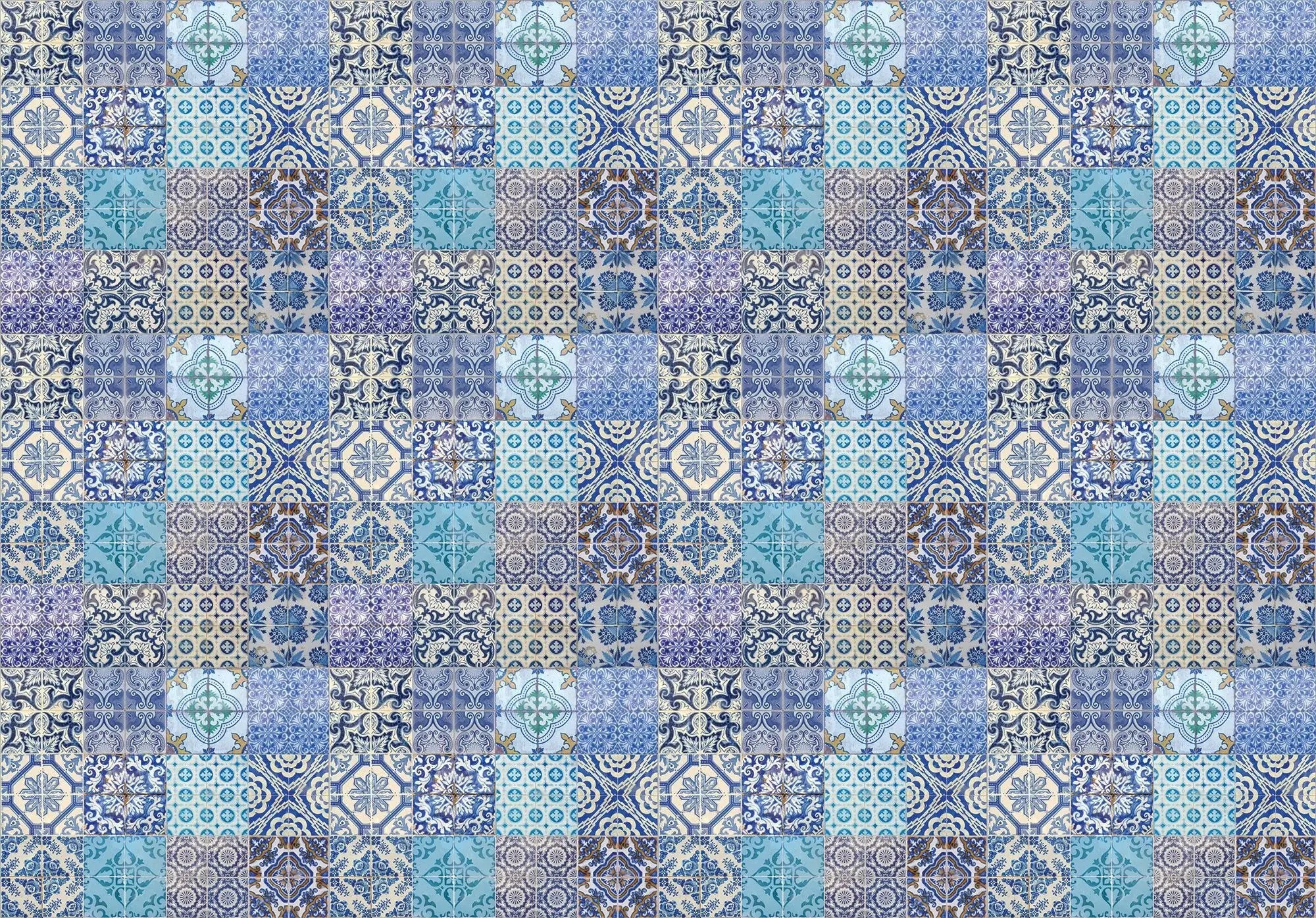 Billede 1 af Fototapet - Blåt og beige mønstret flisemønster