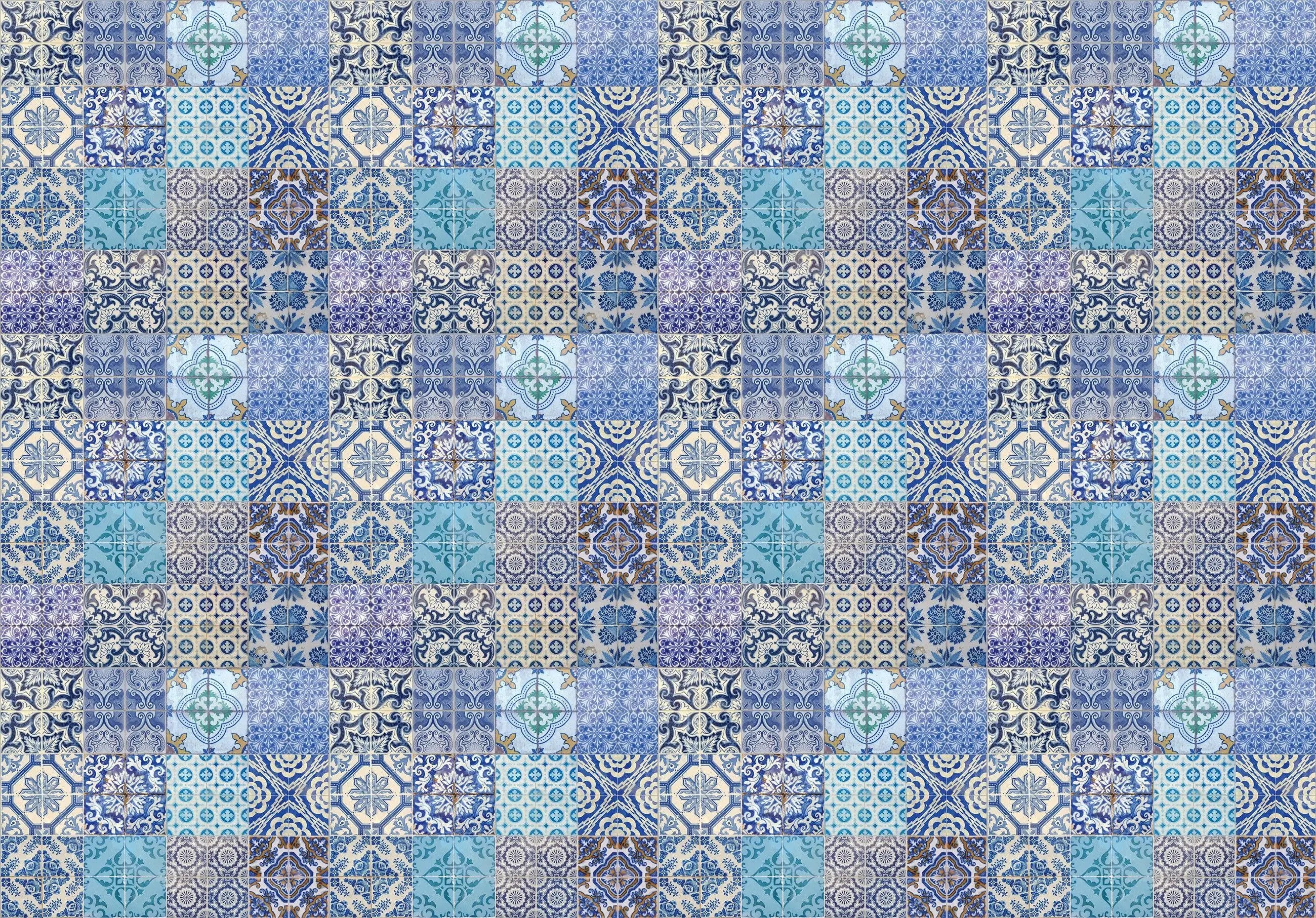 Billede 17 af Fototapet - Blåt og beige mønstret flisemønster