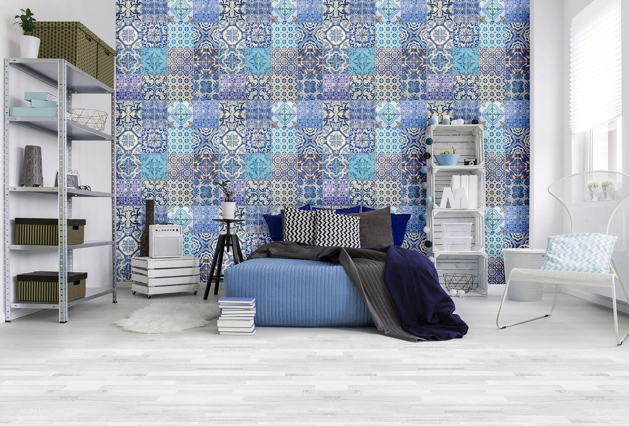 Billede 2 af Fototapet - Blåt og beige mønstret flisemønster