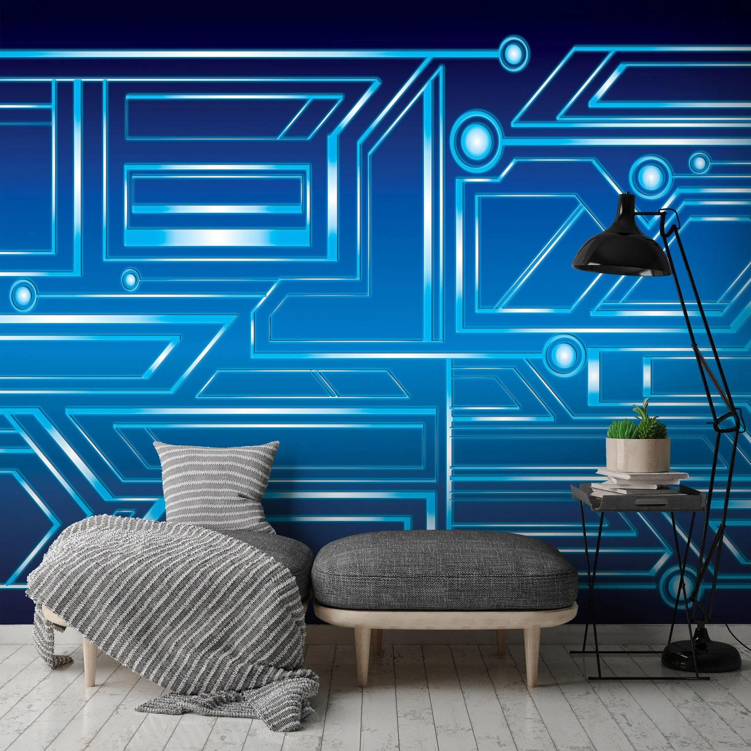 Billede 16 af Fototapet - Blåt teknologimønster med geometriske linjer