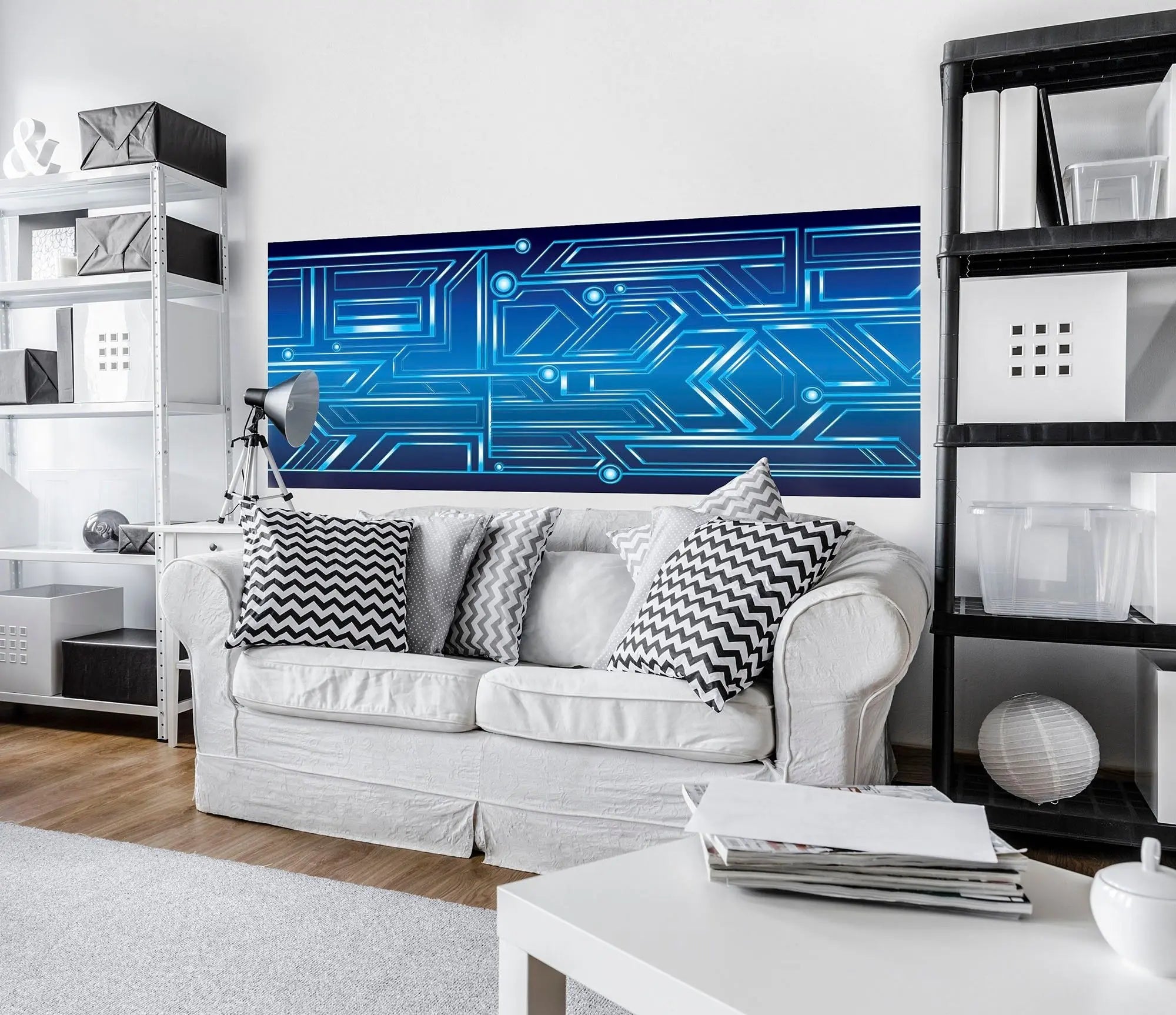 Billede 6 af Fototapet - Blåt teknologimønster med geometriske linjer