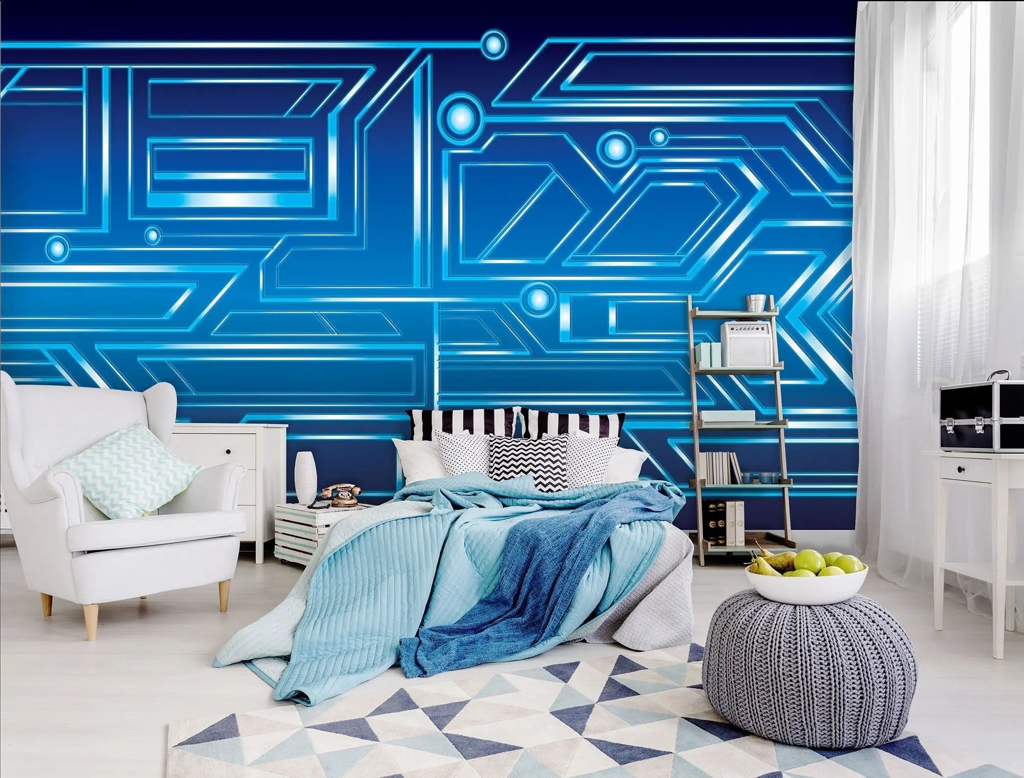 Billede 7 af Fototapet - Blåt teknologimønster med geometriske linjer