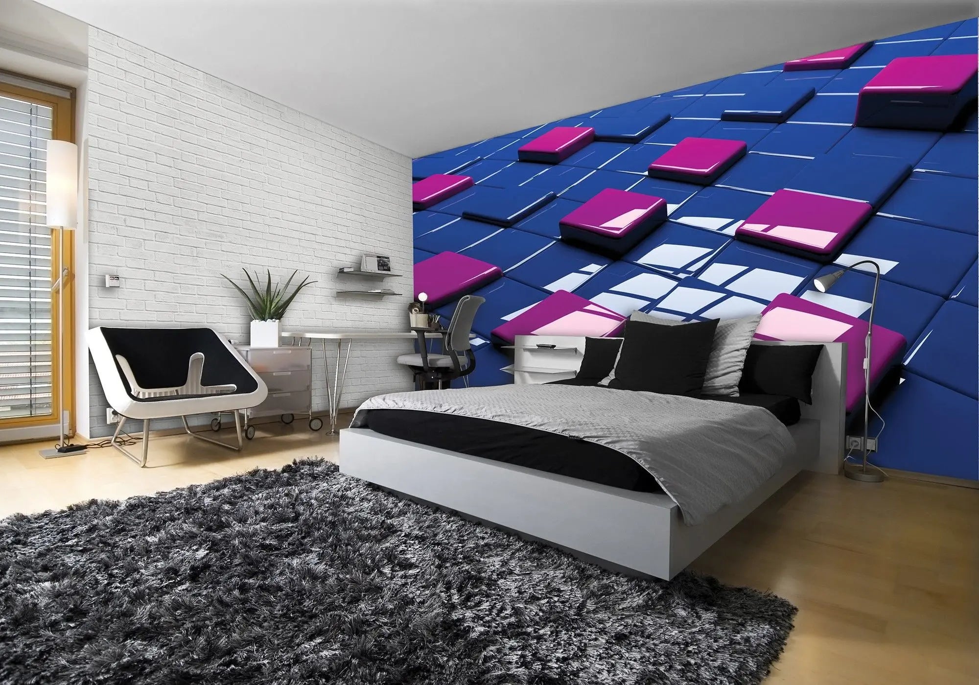 Billede 2 af Fototapet - Blank blå overflade med lyserøde hævede firkanter