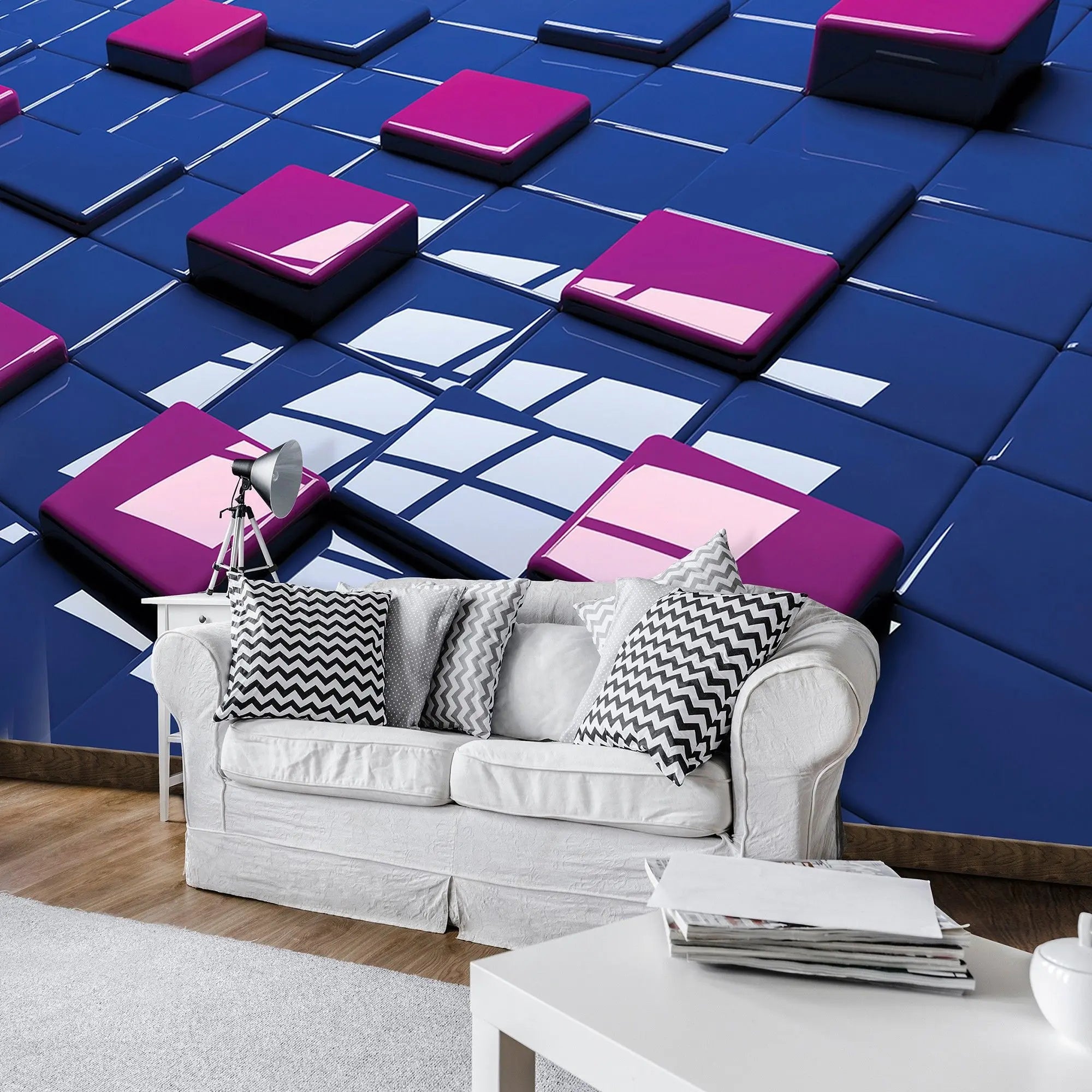 Billede 3 af Fototapet - Blank blå overflade med lyserøde hævede firkanter