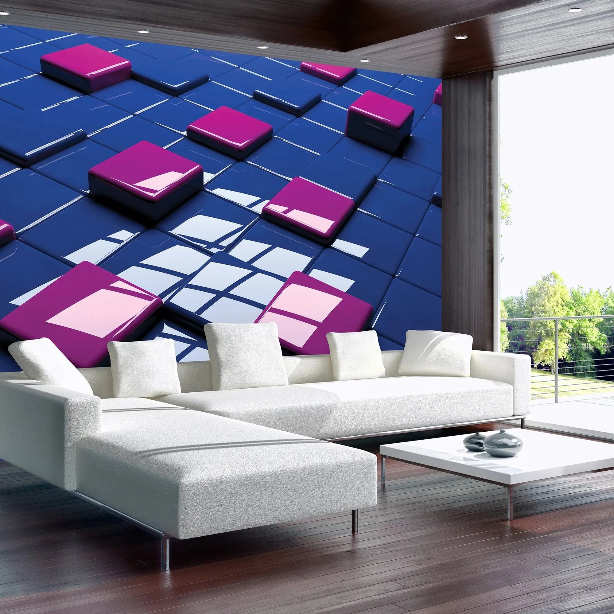 Billede 5 af Fototapet - Blank blå overflade med lyserøde hævede firkanter