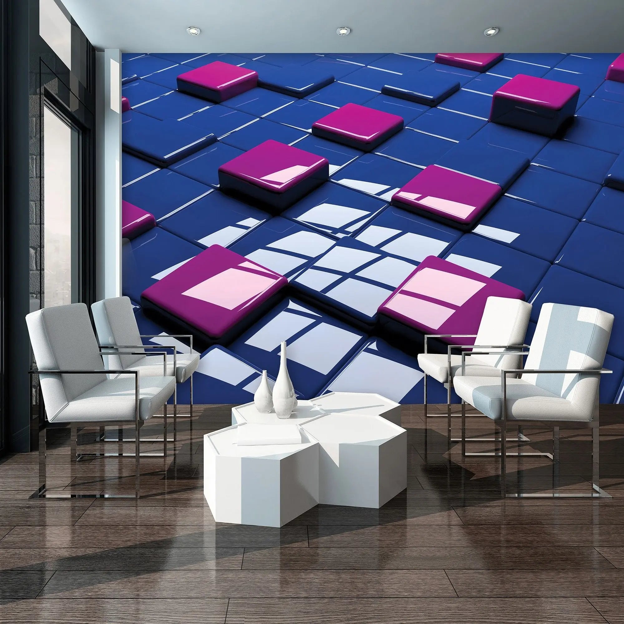 Billede 6 af Fototapet - Blank blå overflade med lyserøde hævede firkanter