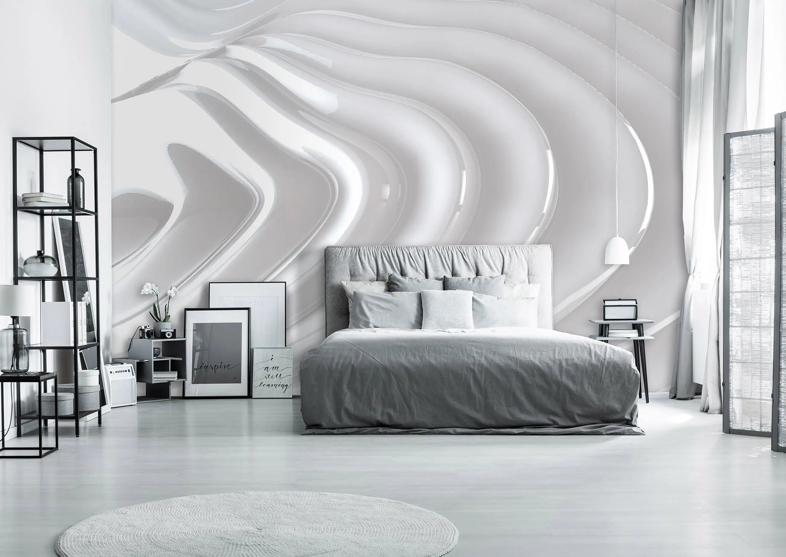 Billede 10 af Fototapet - Blanke hvide bølgende linjer på grå baggrund