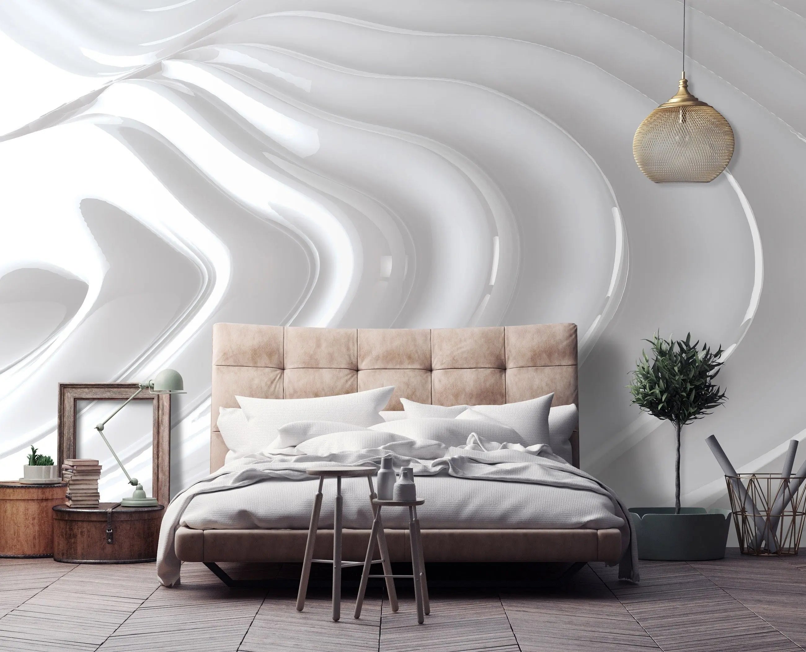 Billede 12 af Fototapet - Blanke hvide bølgende linjer på grå baggrund