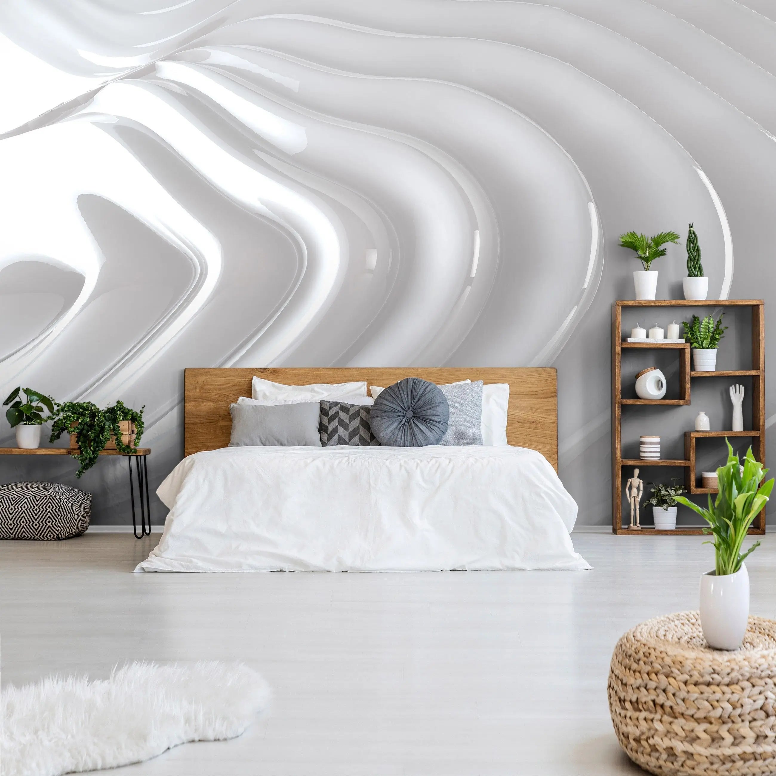Billede 13 af Fototapet - Blanke hvide bølgende linjer på grå baggrund