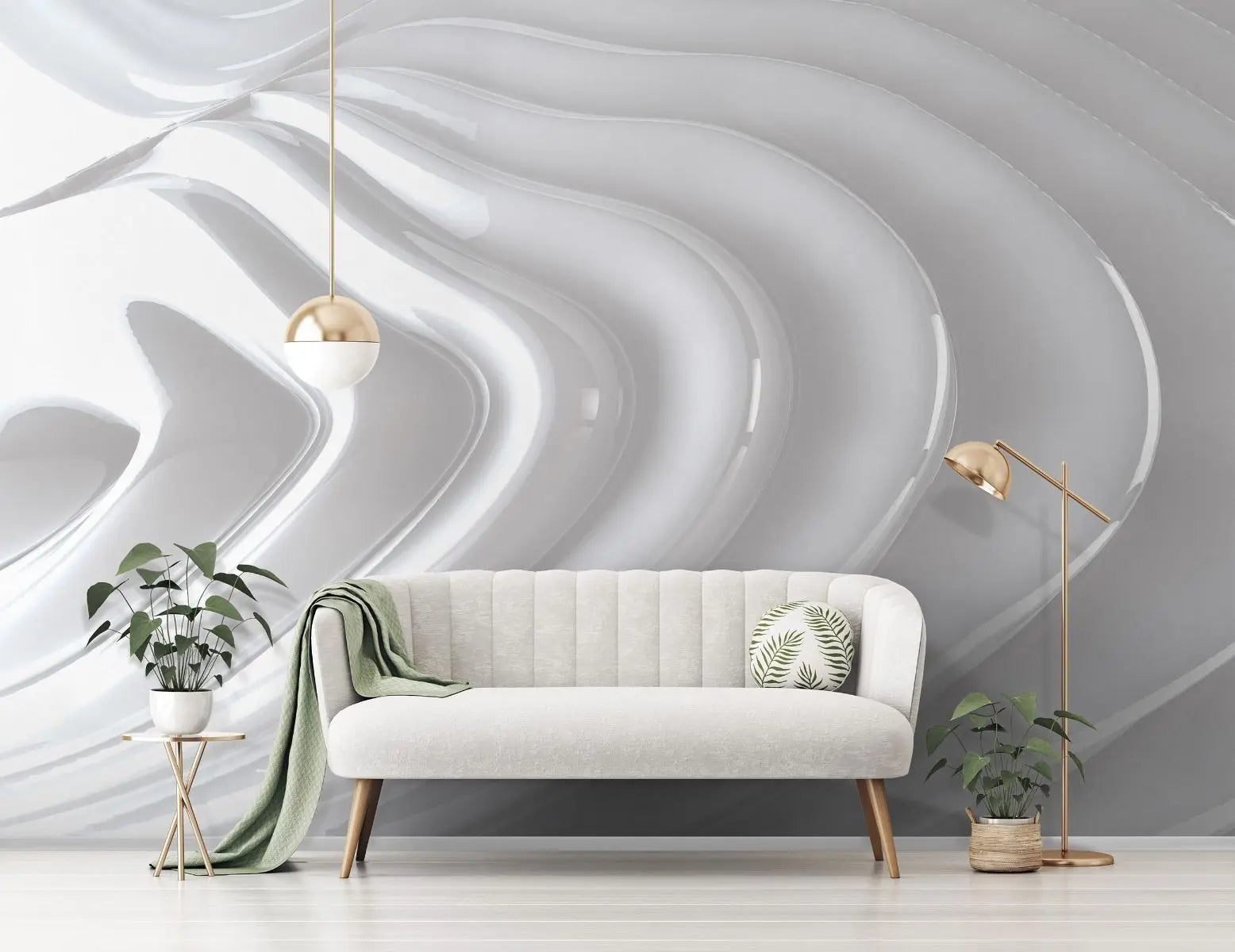 Billede 2 af Fototapet - Blanke hvide bølgende linjer på grå baggrund