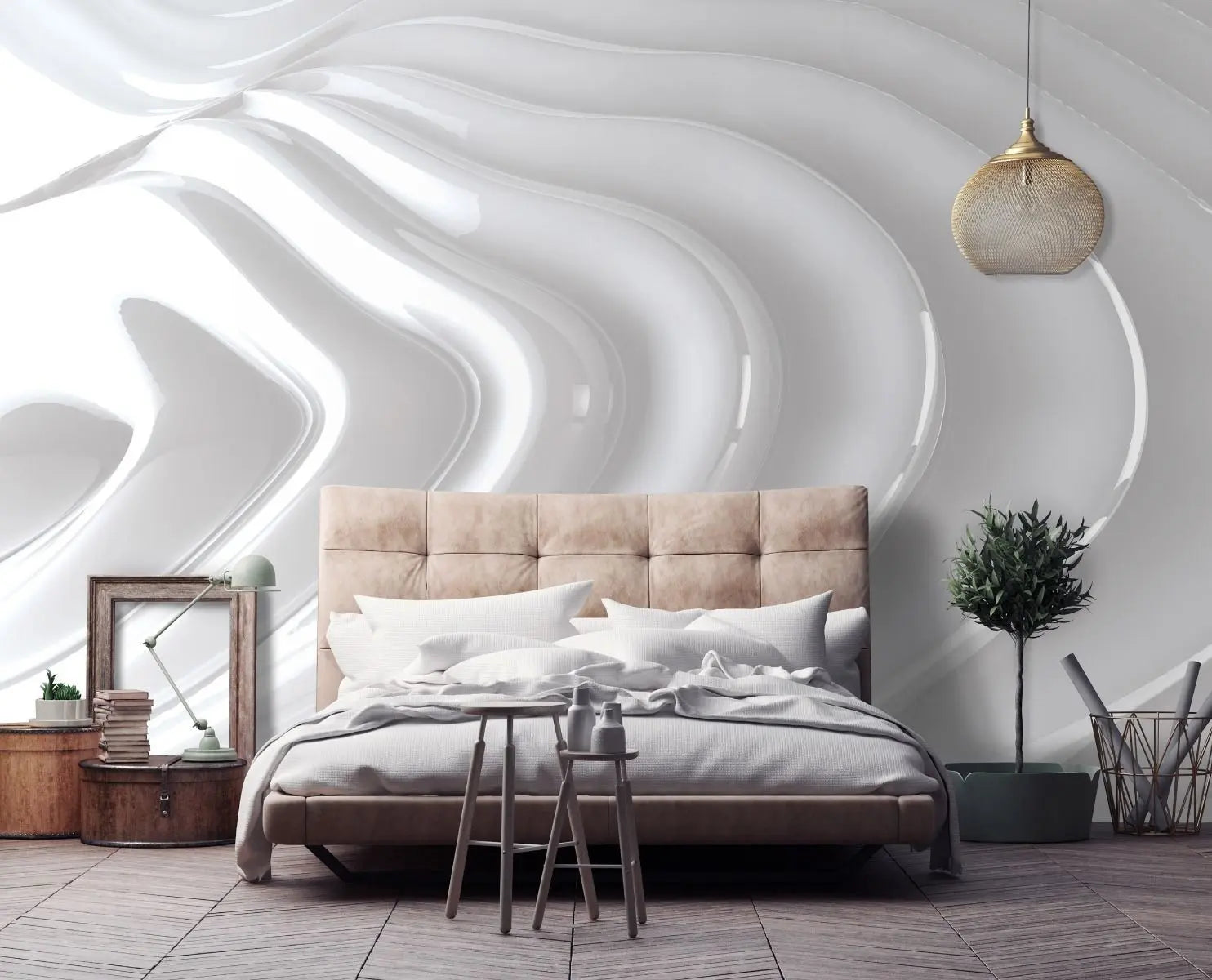 Billede 3 af Fototapet - Blanke hvide bølgende linjer på grå baggrund