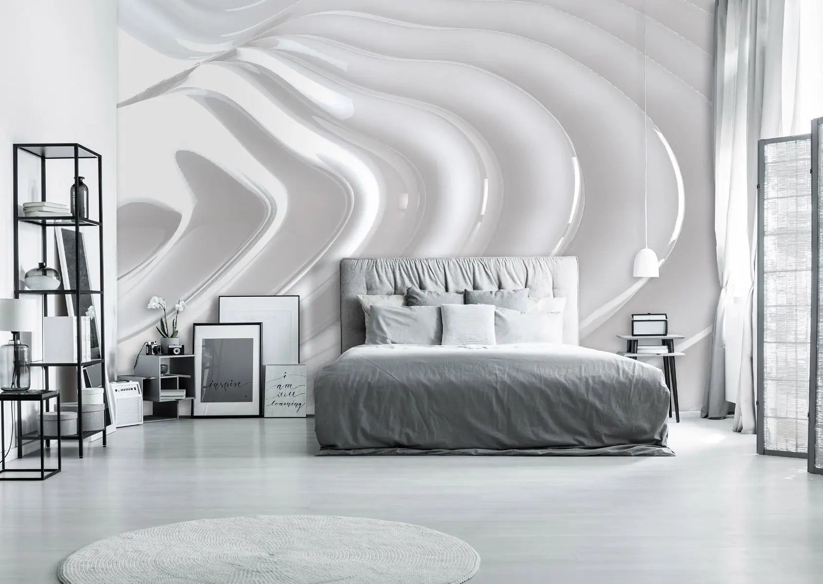 Billede 4 af Fototapet - Blanke hvide bølgende linjer på grå baggrund