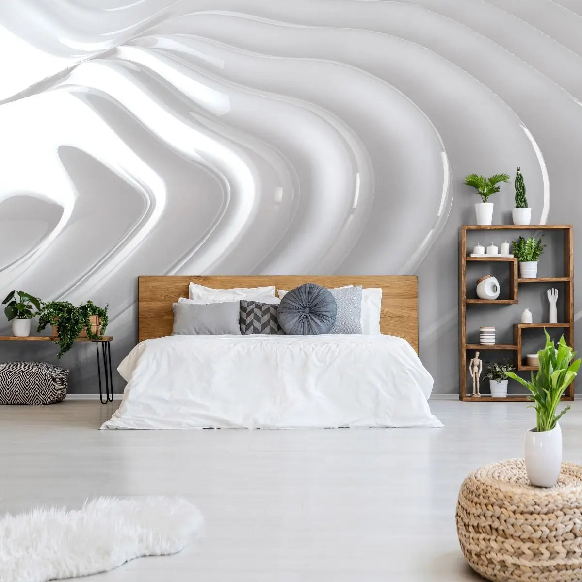 Billede 5 af Fototapet - Blanke hvide bølgende linjer på grå baggrund