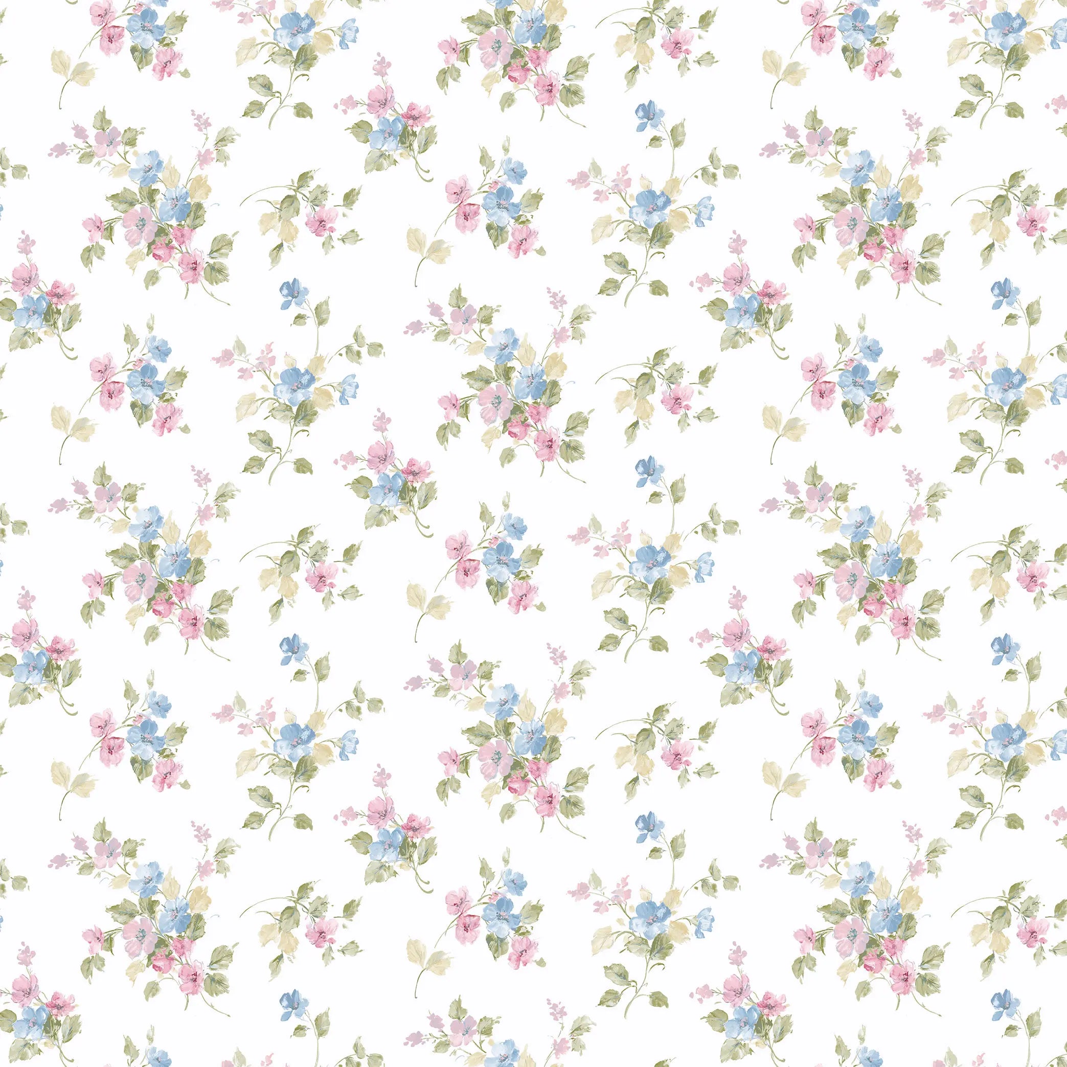 Detaljeret billede af tapetet Blossom Harmony - Pastel Whisper med blomsterillustrationer i pastelnuancer.