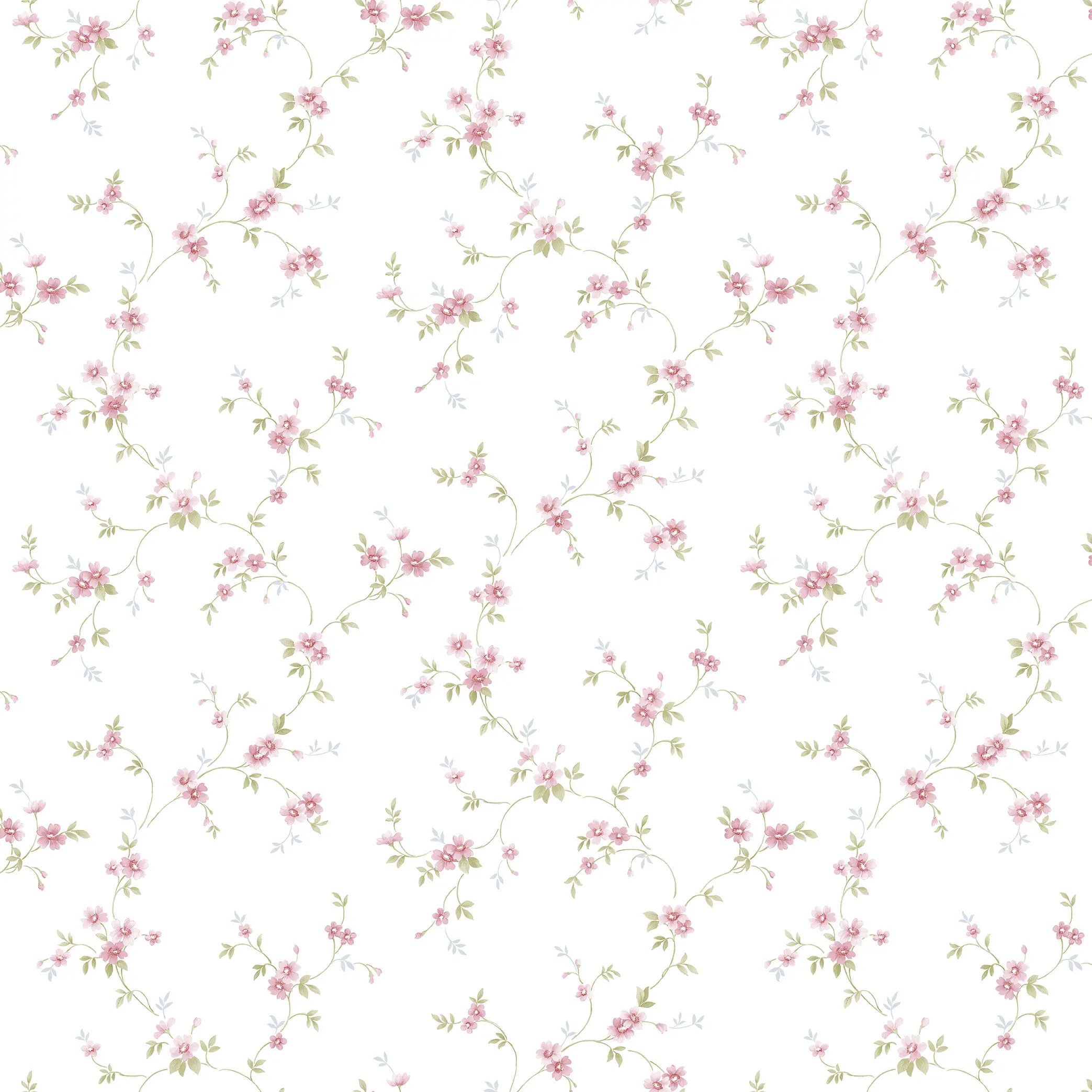 Detaljeret billede af Blossom Whispers - Petal Blush tapet med lyserøde blomster på en hvid baggrund. Tapetet har et elegant og subtilt blomsterdesign.