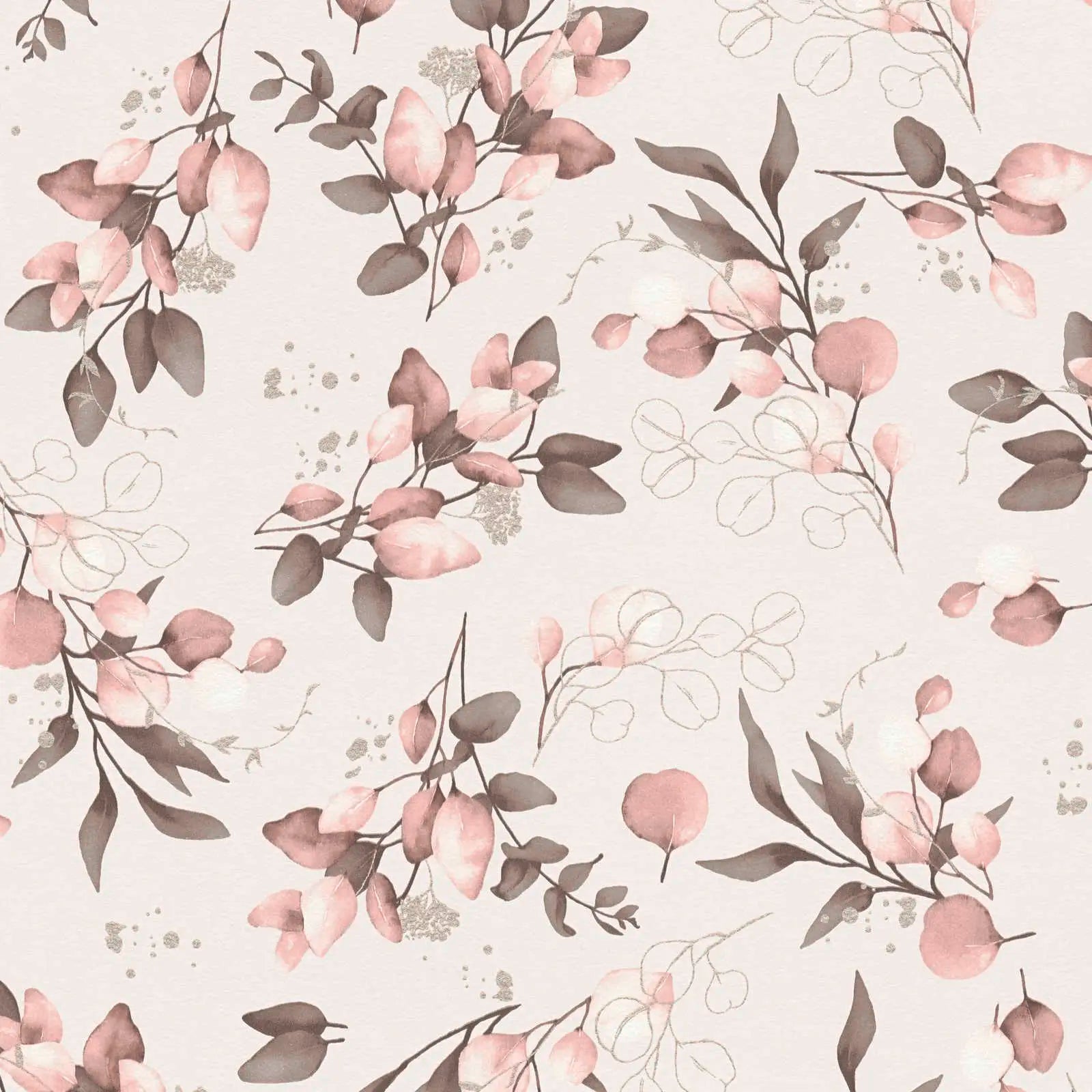 Detaljeret billede af Botanic Elegance - Blush tapet med botaniske elementer i lyserøde nuancer på en lys baggrund.