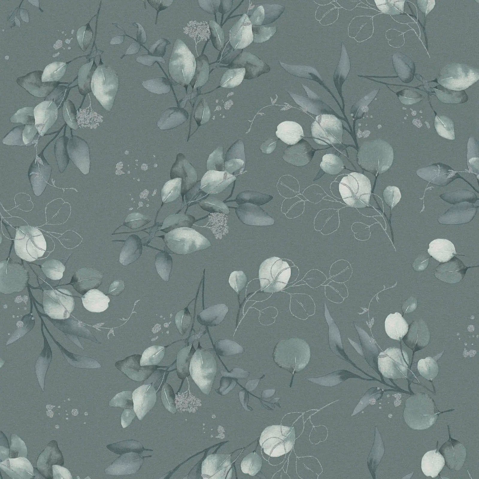 Detaljeret visning af Botanic Elegance - Mist tapet med elegante botaniske motiver i grønne nuancer på en blød grå baggrund.