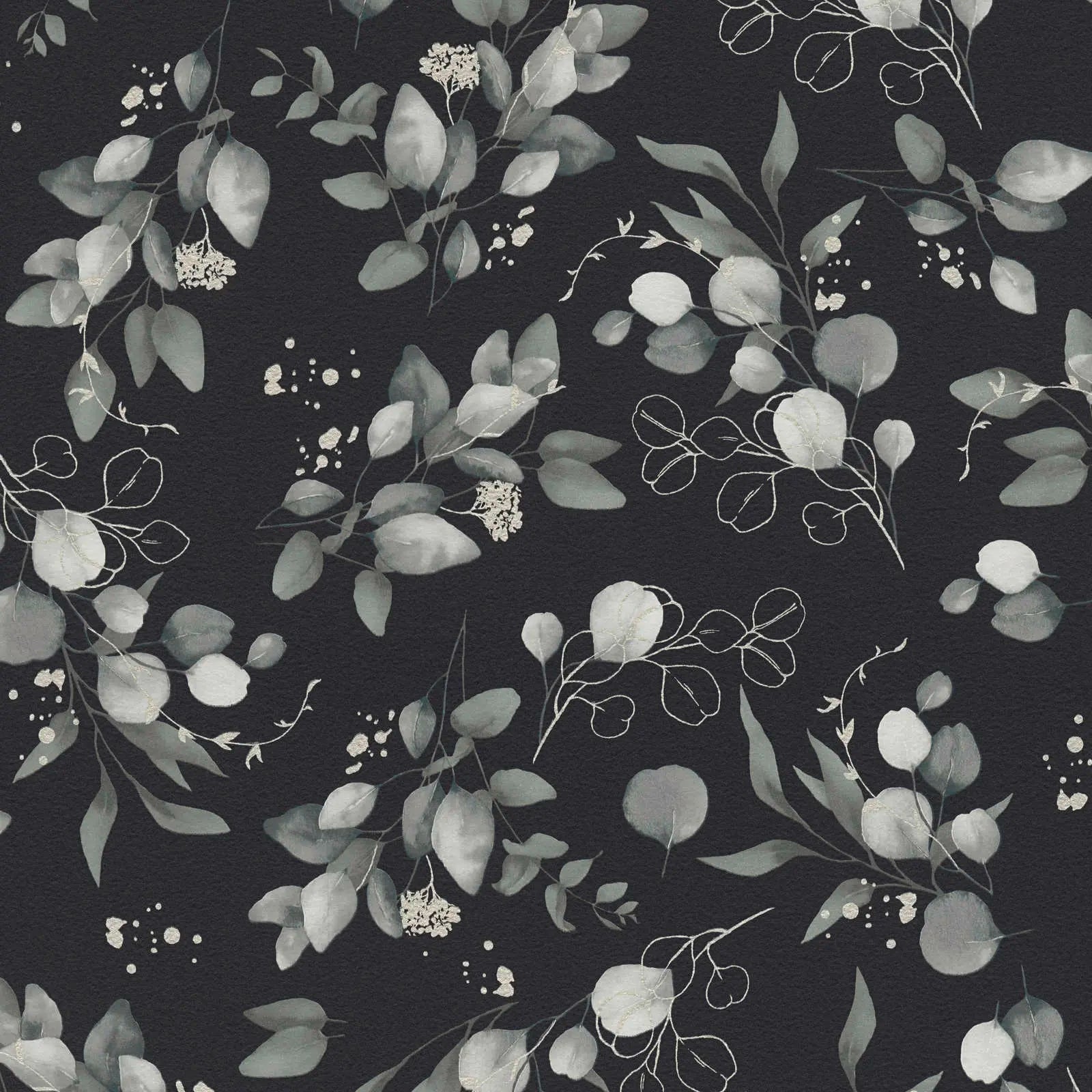 Tapetet Botanic Elegance - Noir viser et detaljeret mønster med grønne blade og blomster på en sort baggrund.