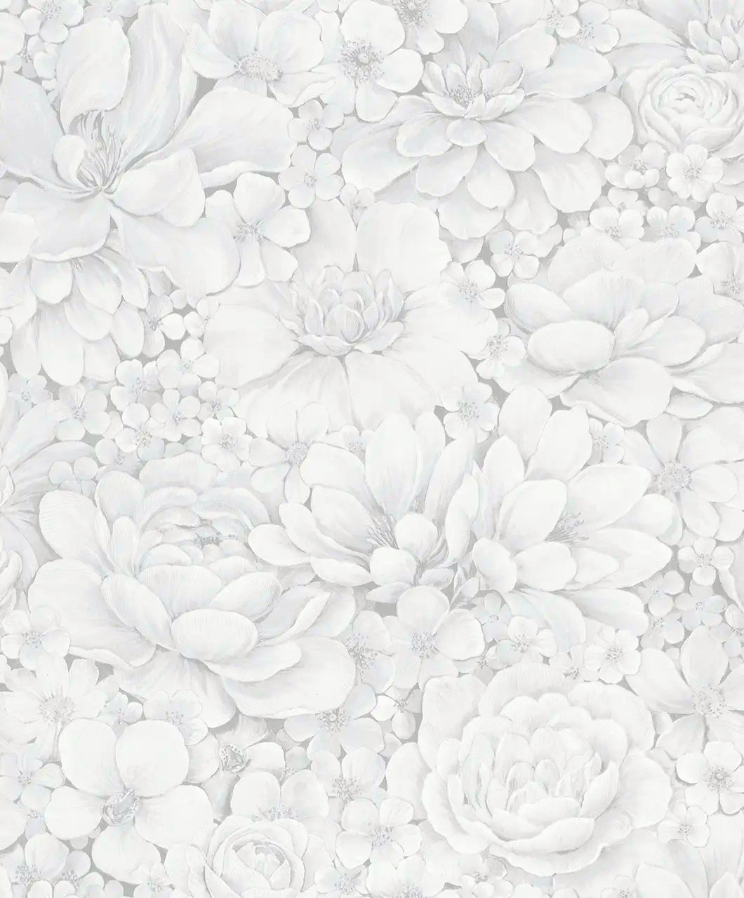 Detaljeret blomsterdesign på tapetet Botanic Harmony - Frost med delikate hvide blomster.