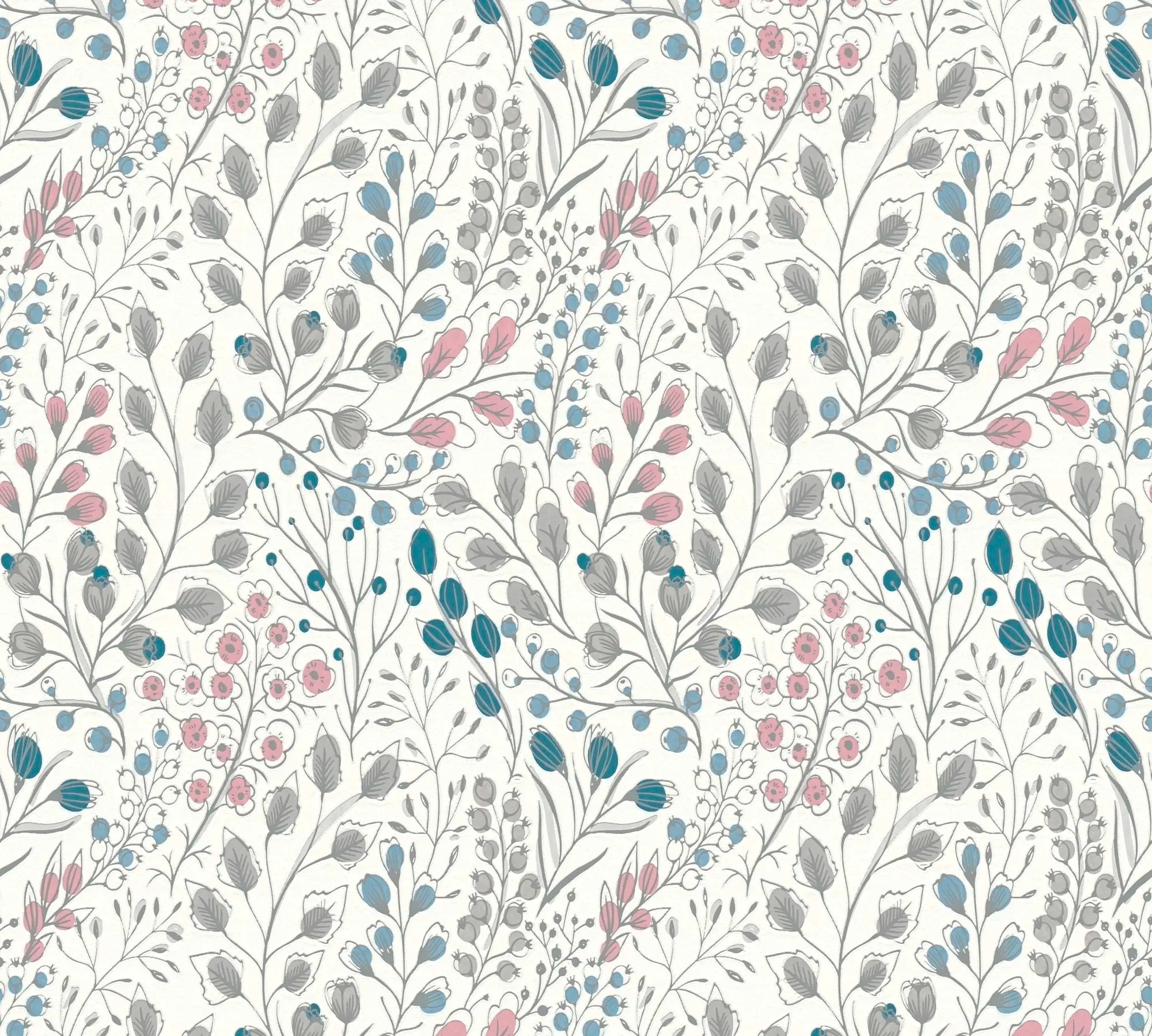 Tapetet Botanical Bliss - Blossom med delikate blomster i lyserød, blå og grå nuancer på en lys baggrund.