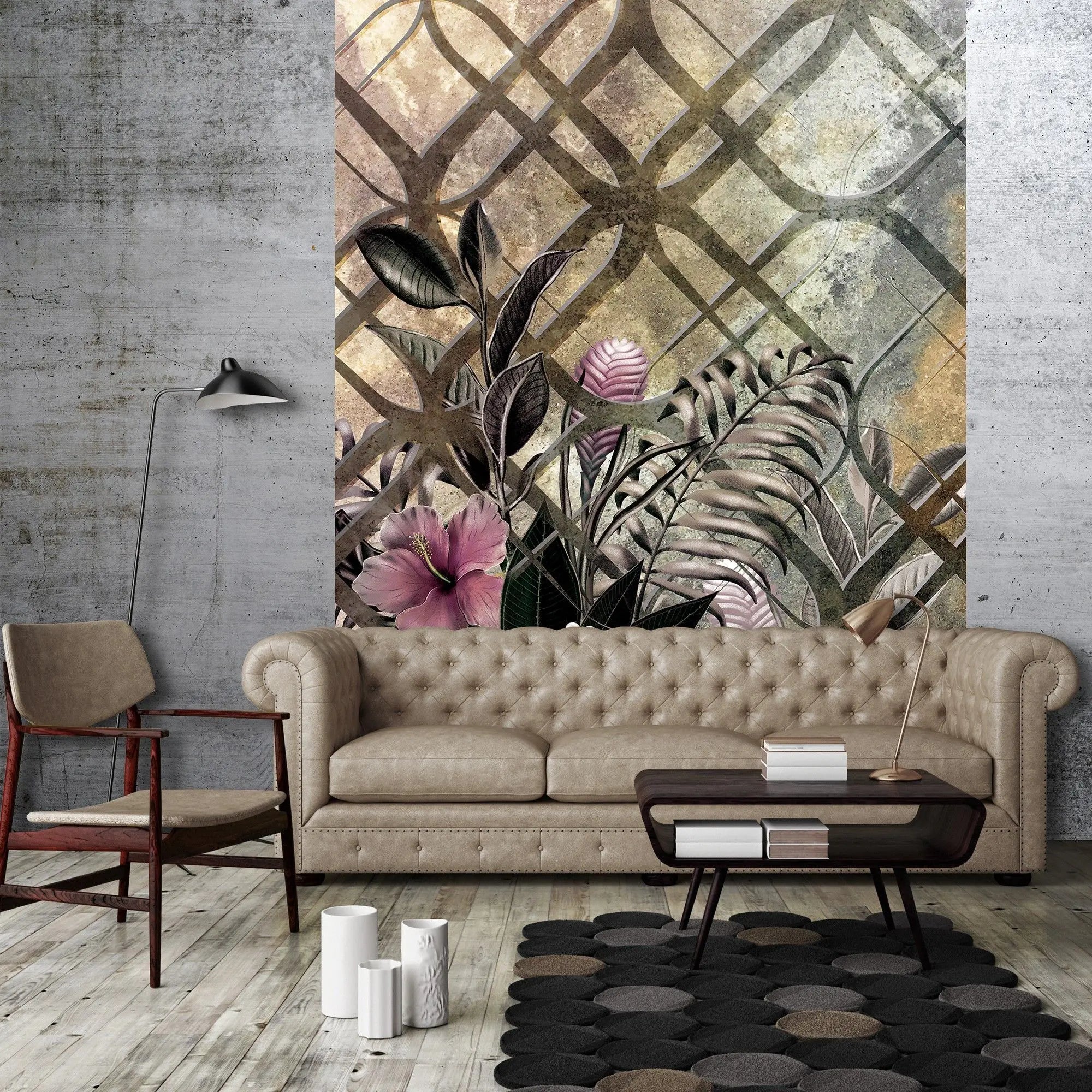Billede 17 af Fototapet - Bougainvillea og frangipani blomster foran vintage mønstret baggrund