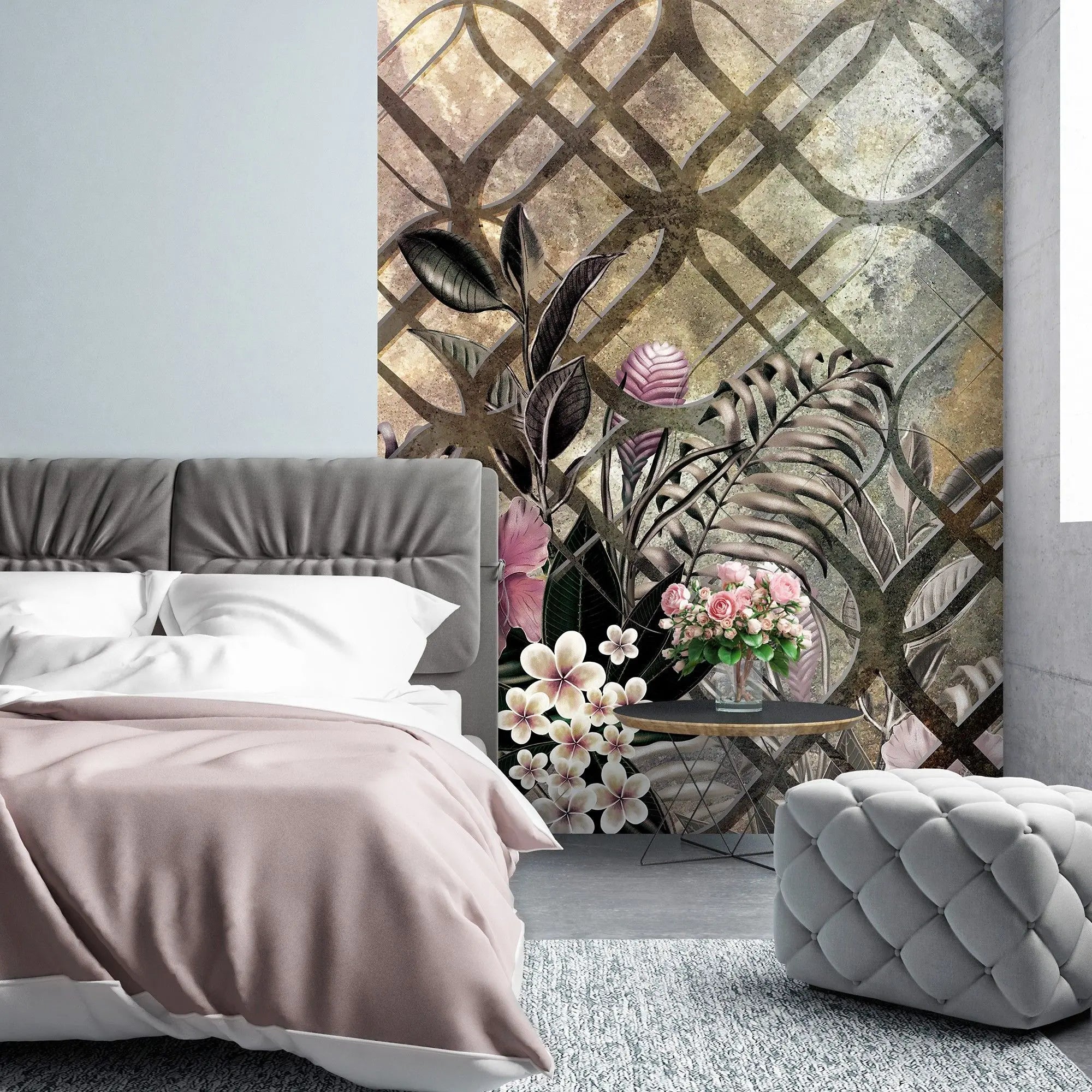 Billede 19 af Fototapet - Bougainvillea og frangipani blomster foran vintage mønstret baggrund