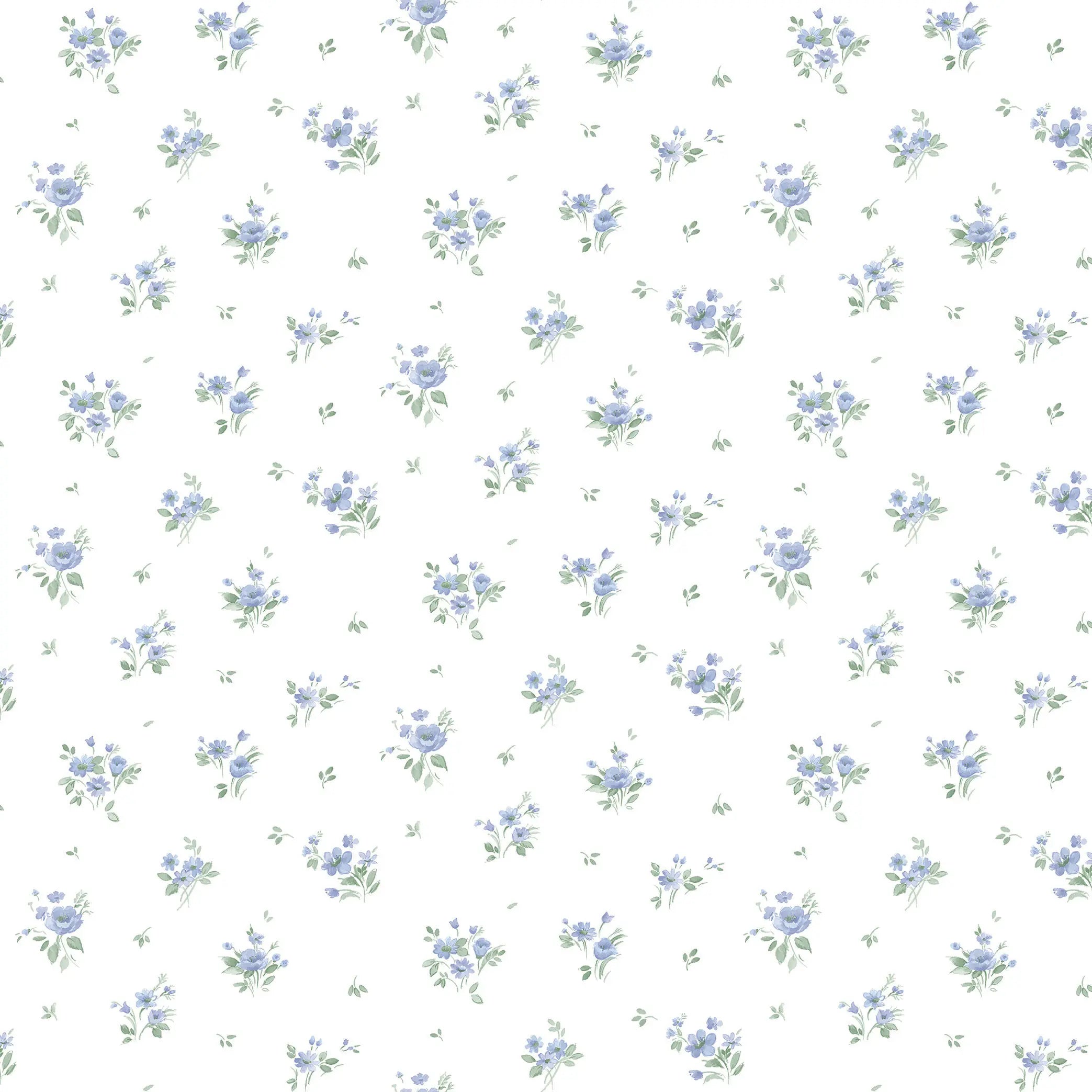 Bouquet Harmony - Serene Blue produktbillede med et gentaget mønster af blå blomster på en hvid baggrund. Velegnet til Nicetapet.dk.