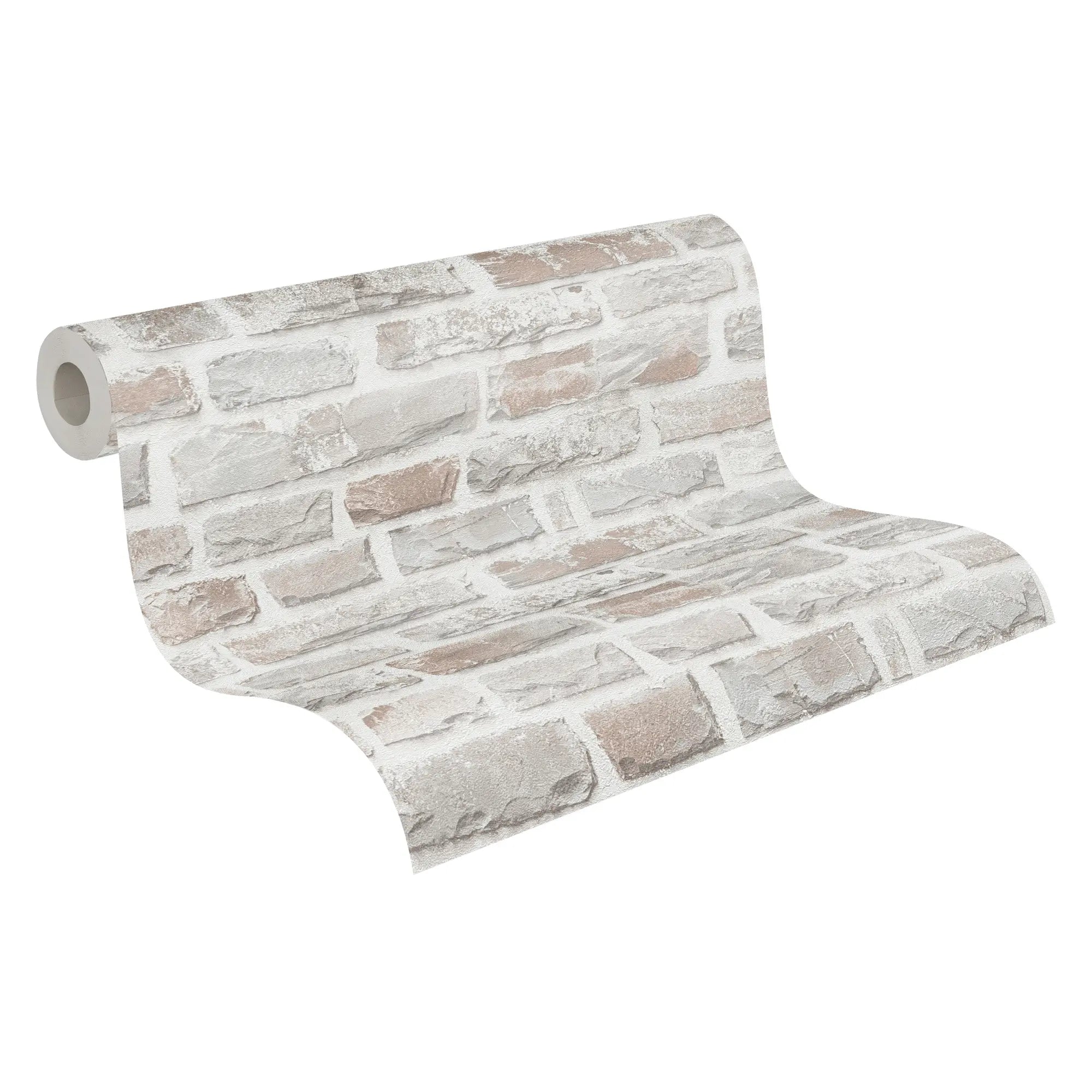 En rulle af tapetet Brick Heritage - Stone Mist, der viser det murstensmønstrede design i grå og beige nuancer.