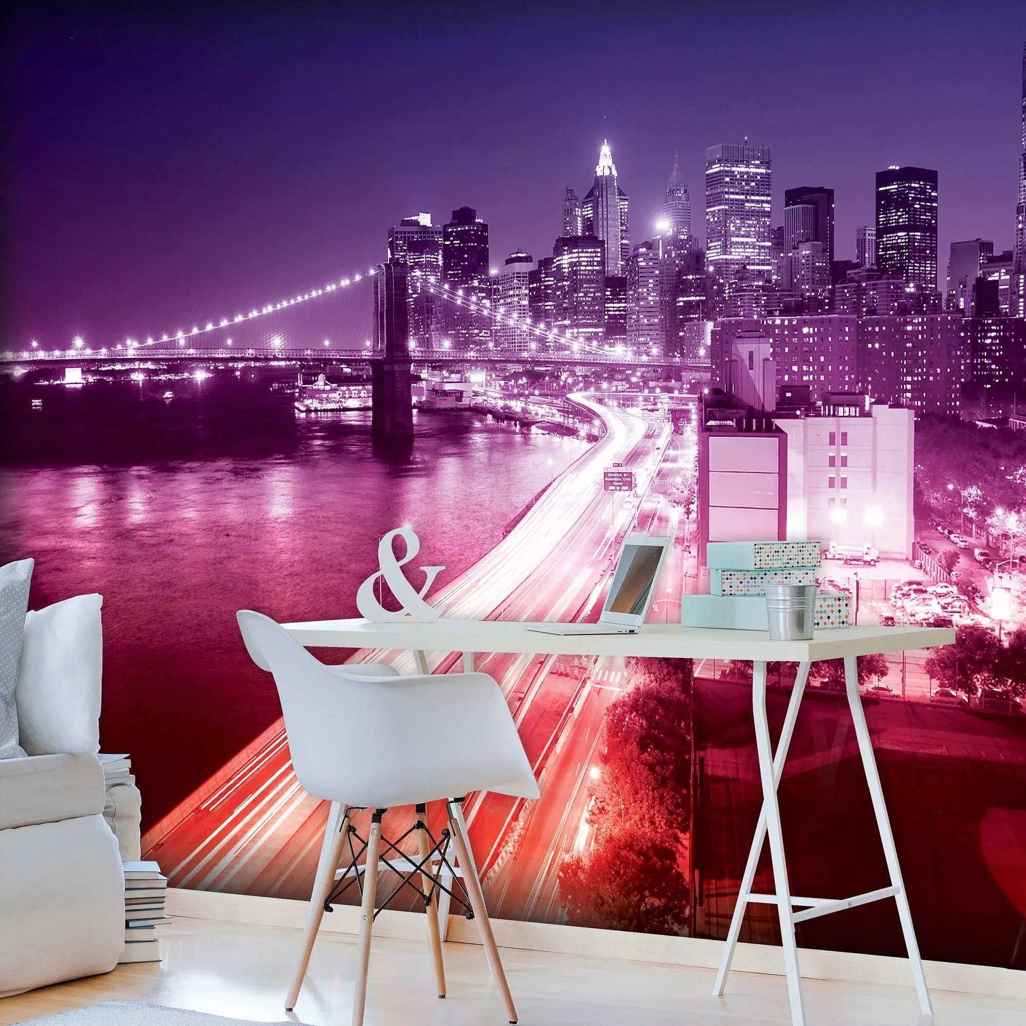 Billede 3 af Fototapet - Brooklyn Bridge og New York skyline om natten med lyserøde lys