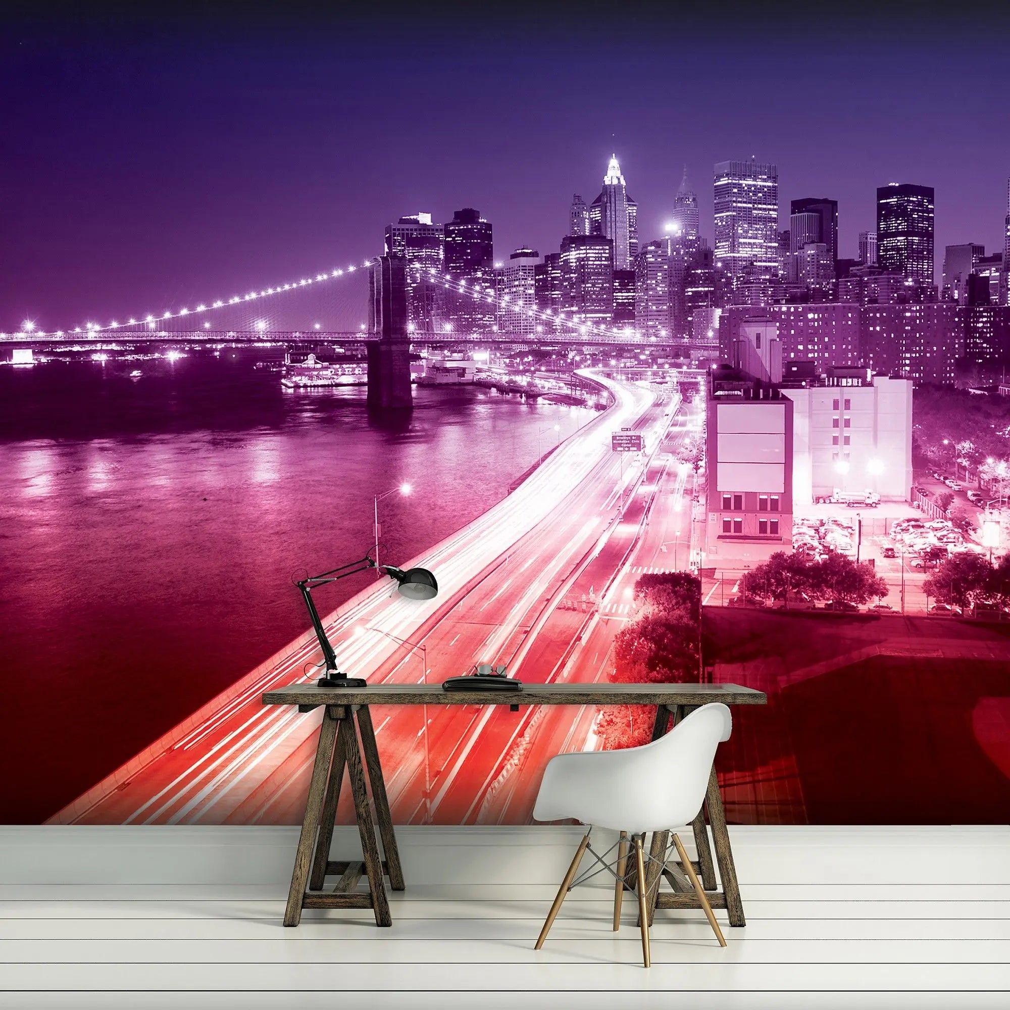 Billede 5 af Fototapet - Brooklyn Bridge og New York skyline om natten med lyserøde lys