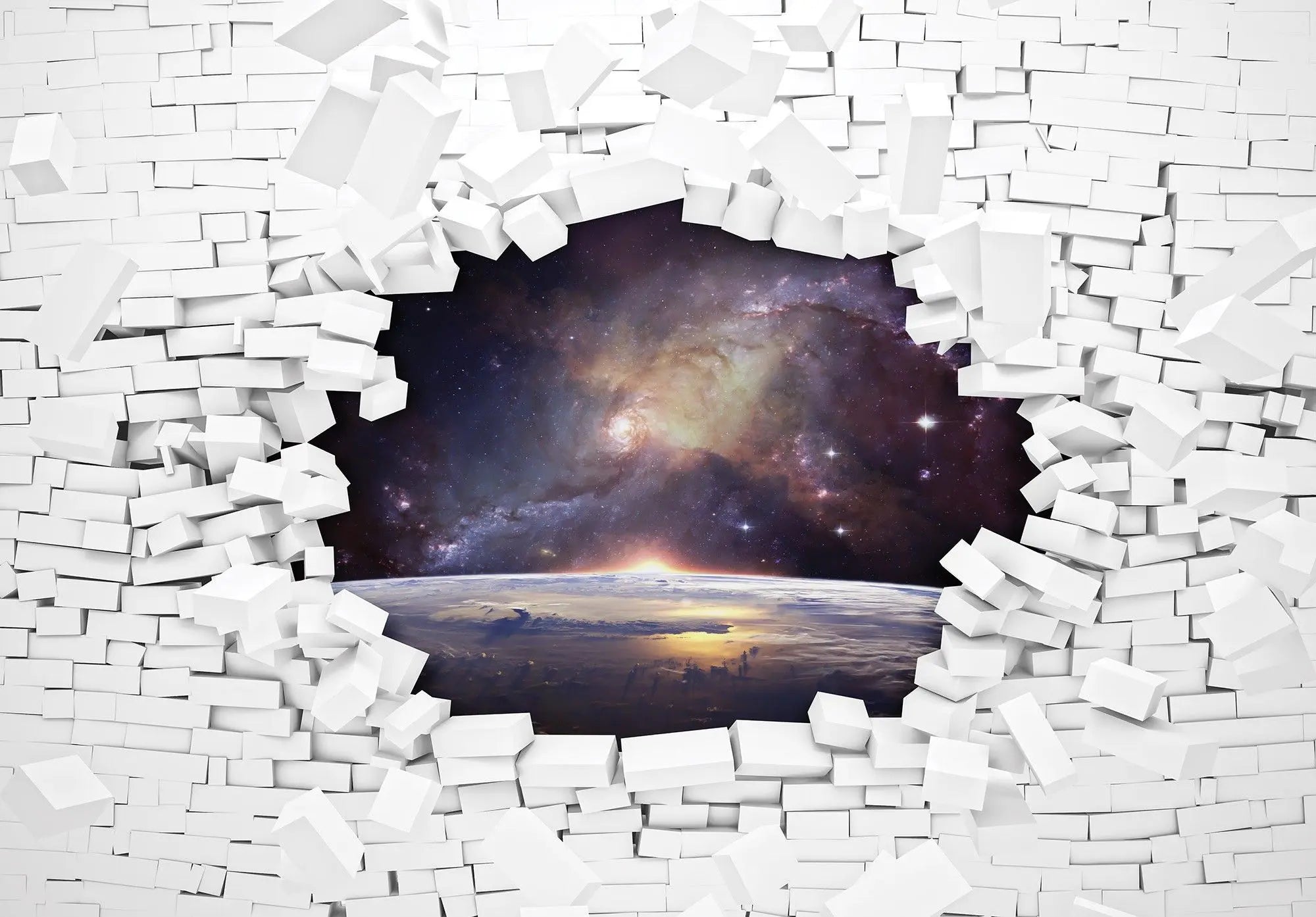 Billede 1 af Fototapet - Brudt hvid mur med udsigt til rummet og planeterne