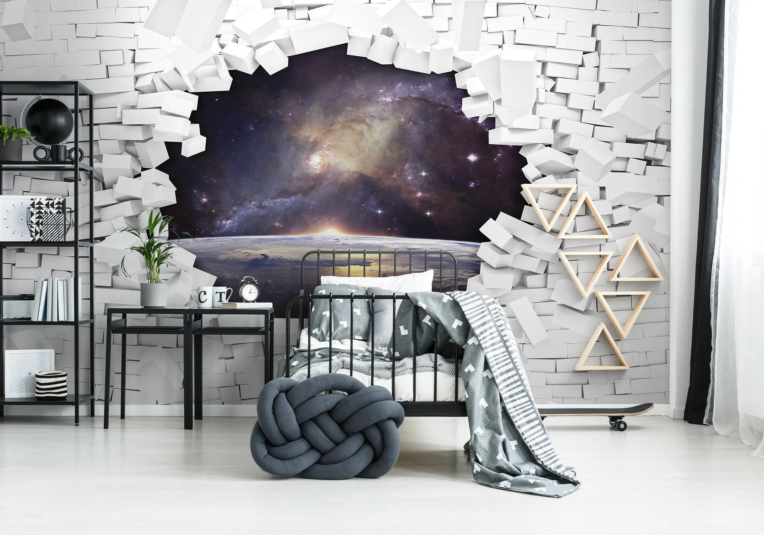 Billede 2 af Fototapet - Brudt hvid mur med udsigt til rummet og planeterne