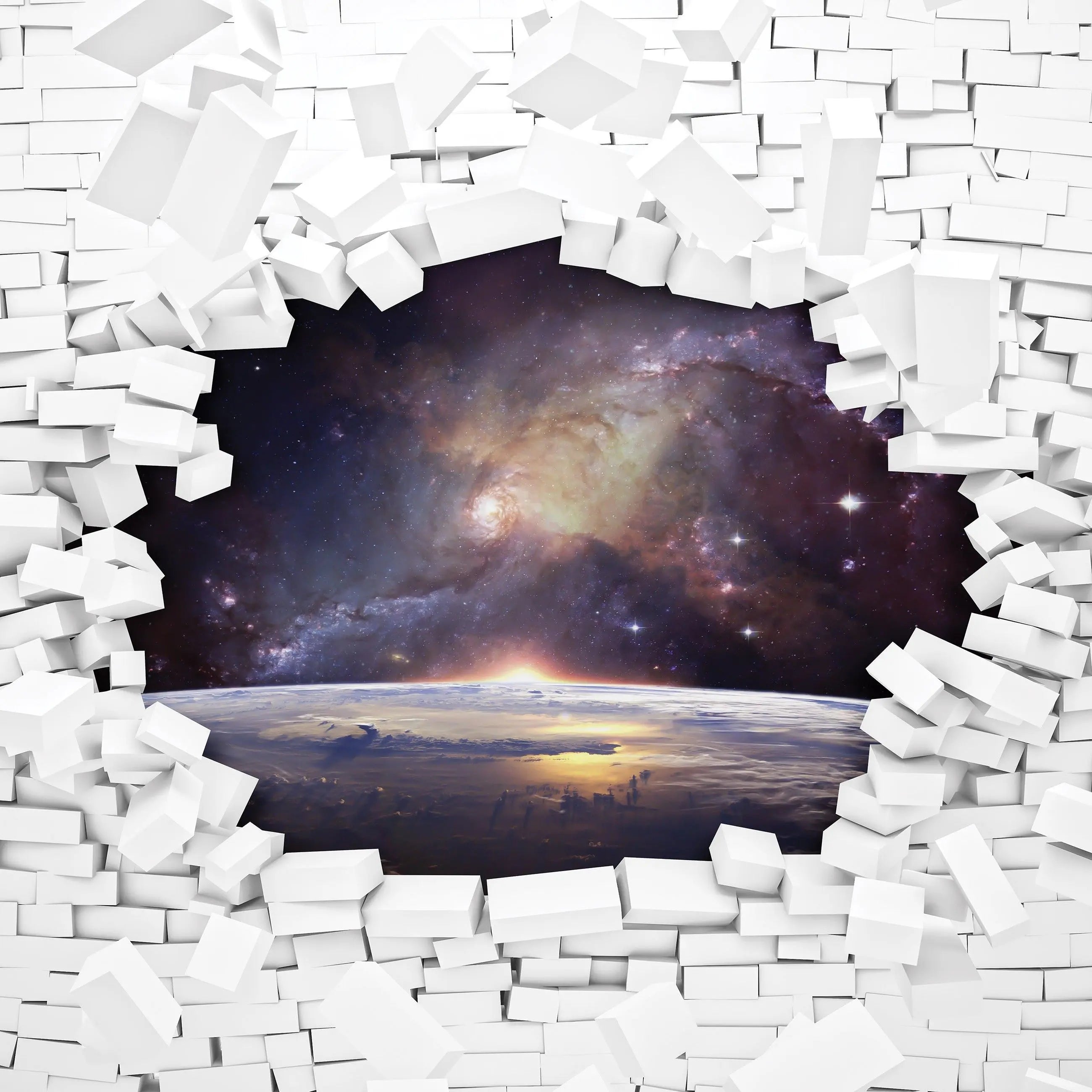 Billede 6 af Fototapet - Brudt hvid mur med udsigt til rummet og planeterne