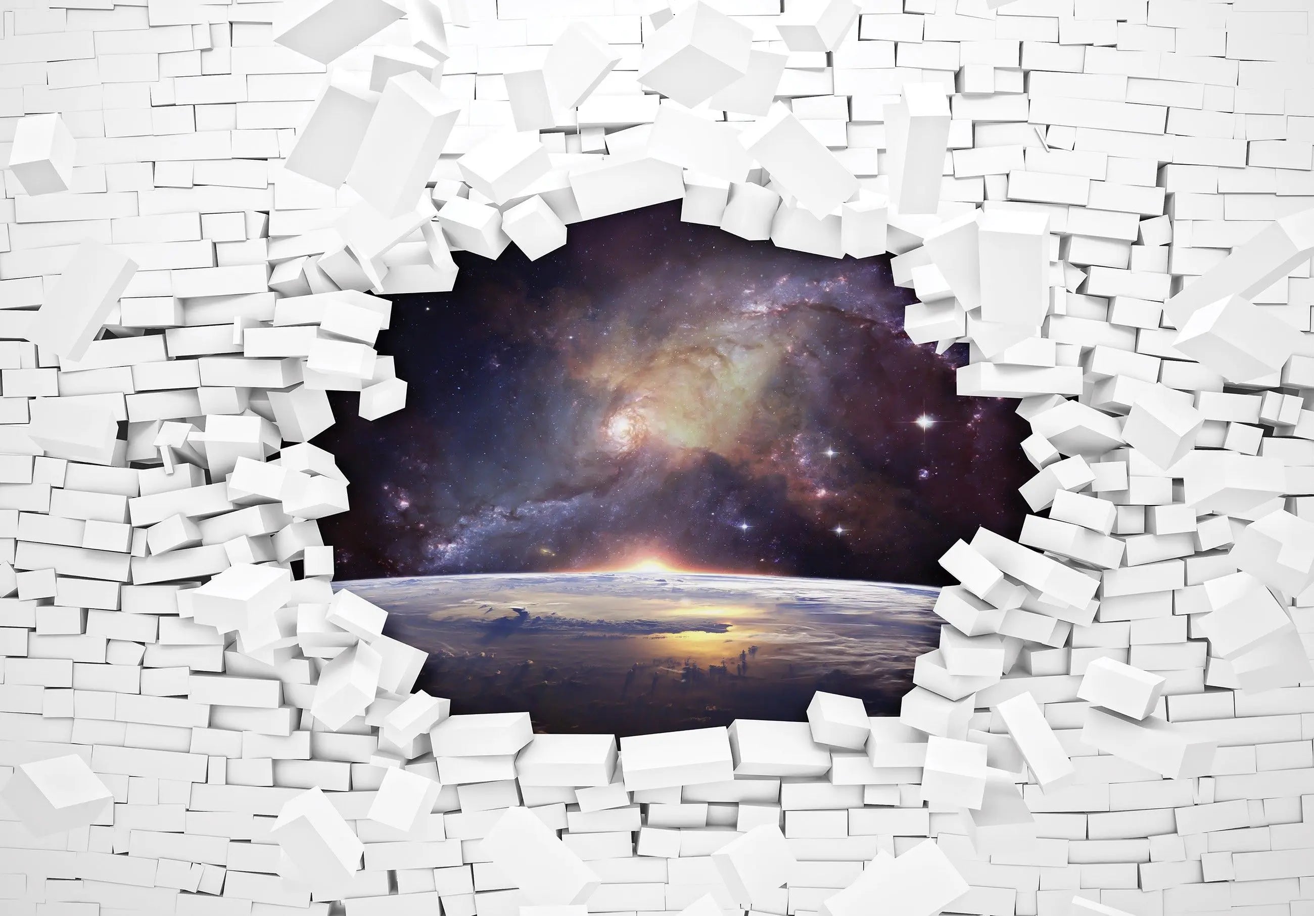 Billede 7 af Fototapet - Brudt hvid mur med udsigt til rummet og planeterne