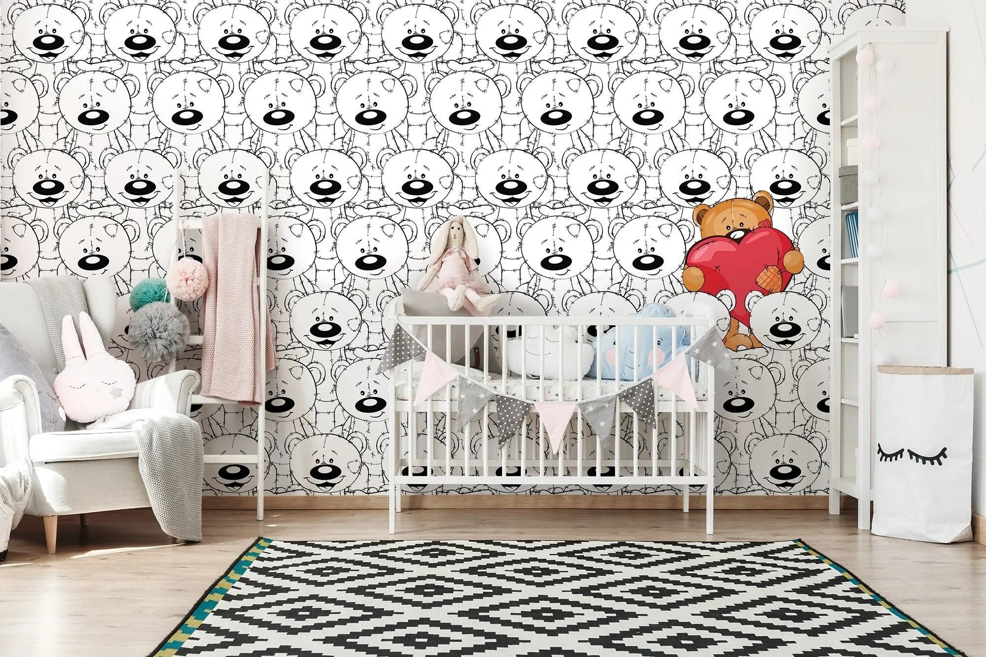 Billede 3 af Fototapet - Brun bamse med hjerte på sort-hvid baggrund