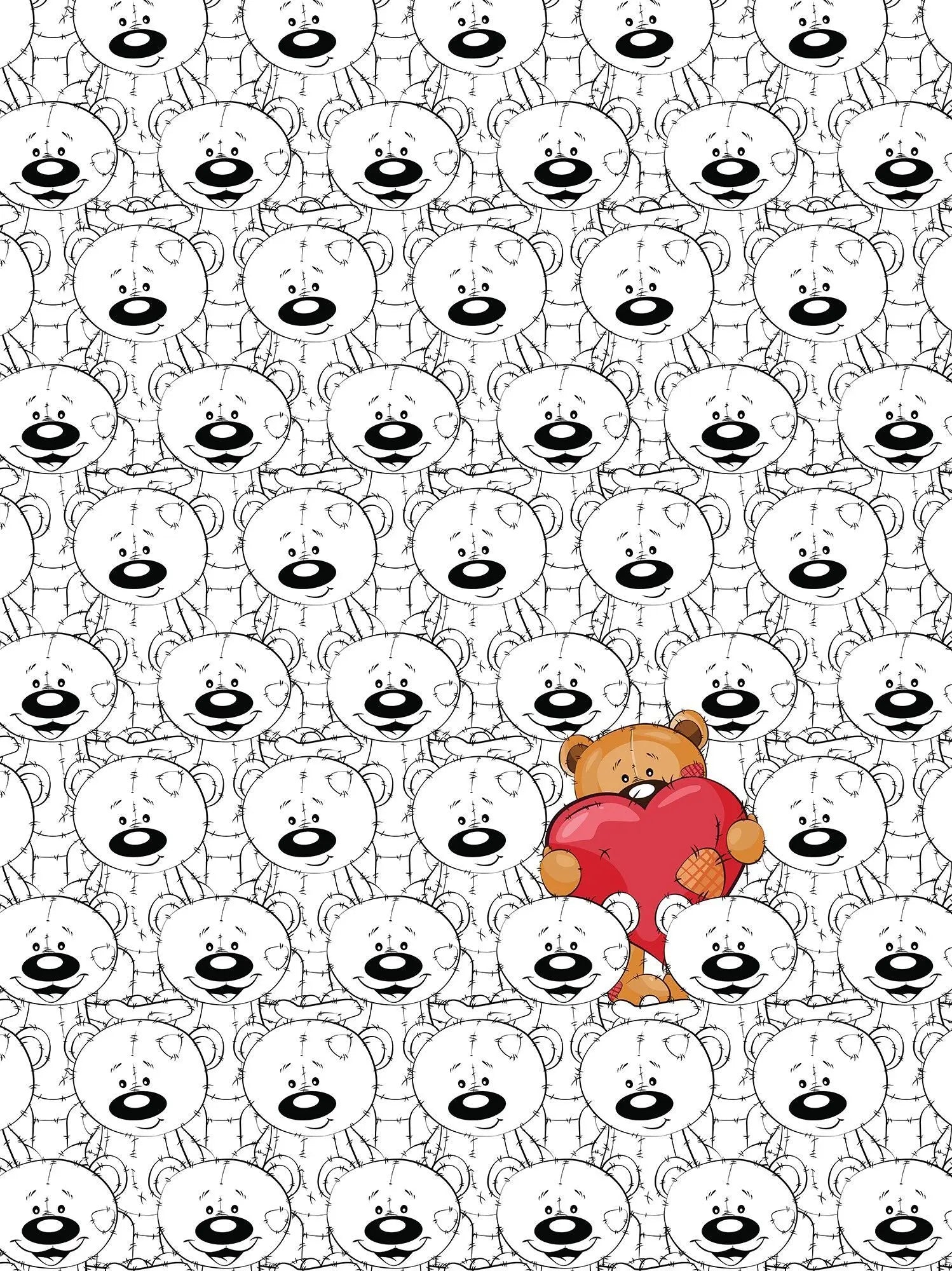 Billede 6 af Fototapet - Brun bamse med hjerte på sort-hvid baggrund