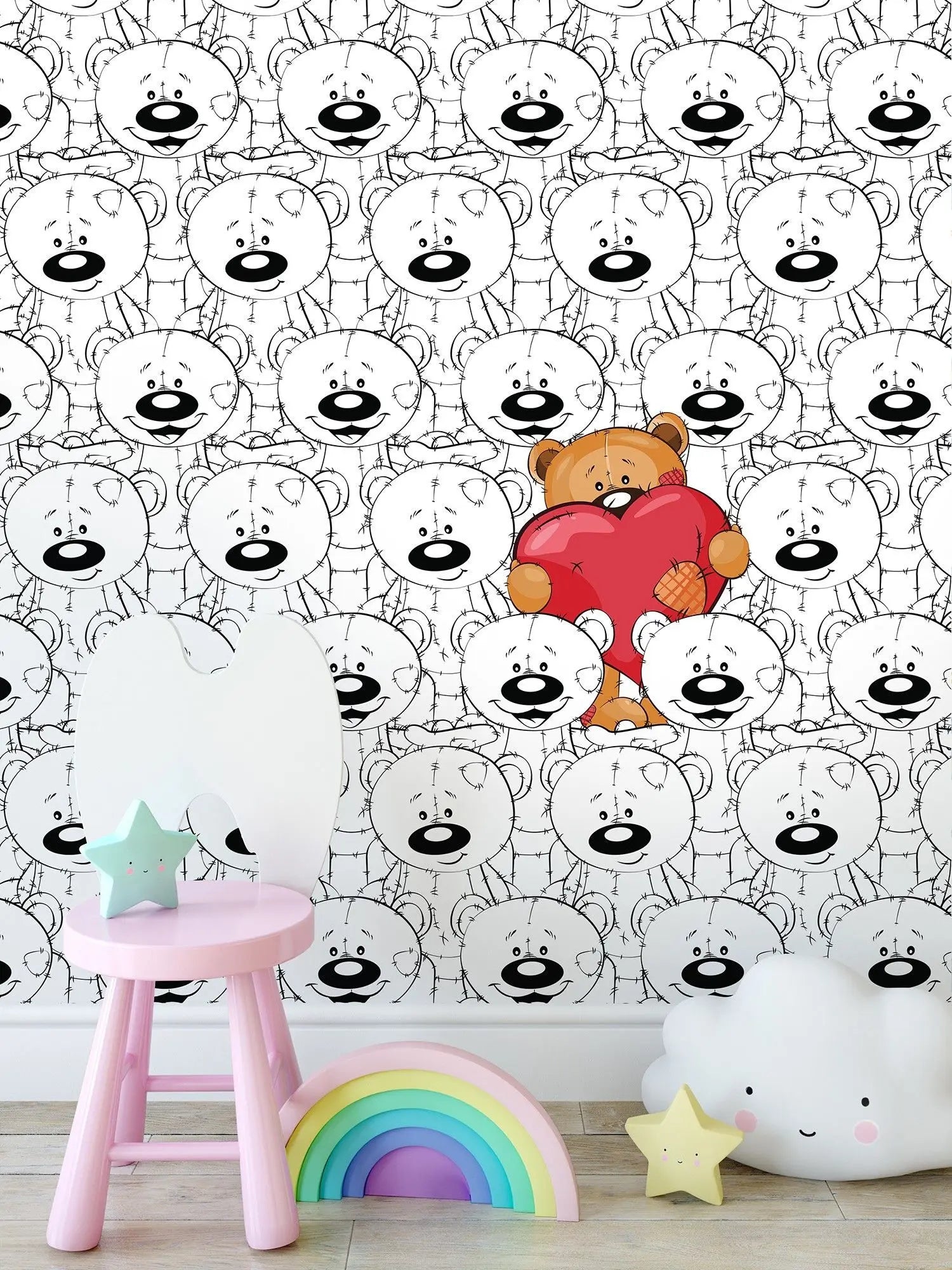 Billede 8 af Fototapet - Brun bamse med hjerte på sort-hvid baggrund