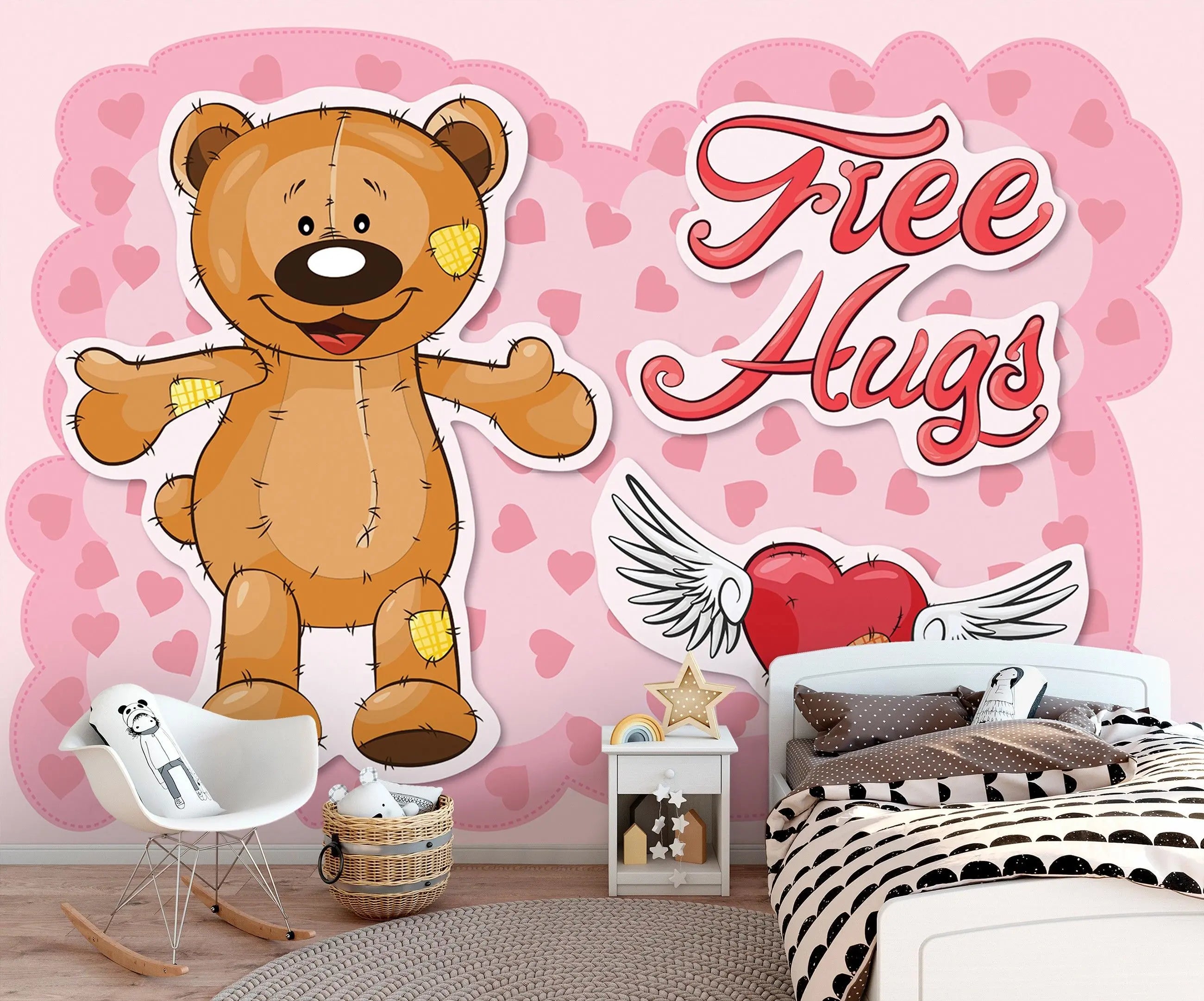 Billede 5 af Fototapet - Brun bamse med lapper og teksten Free Hugs