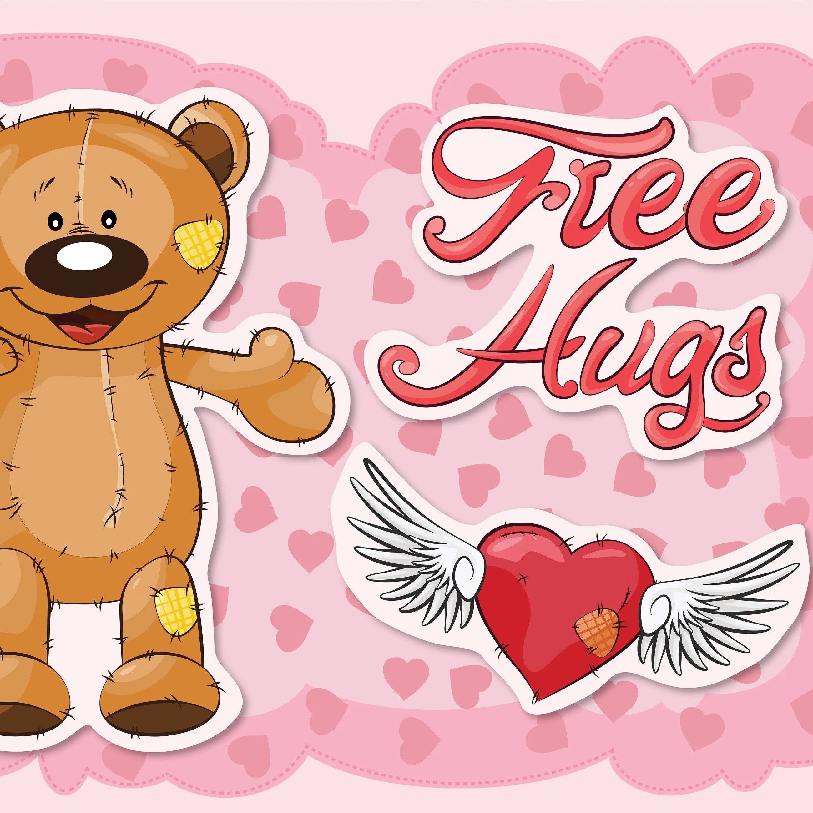 Billede 8 af Fototapet - Brun bamse med lapper og teksten Free Hugs