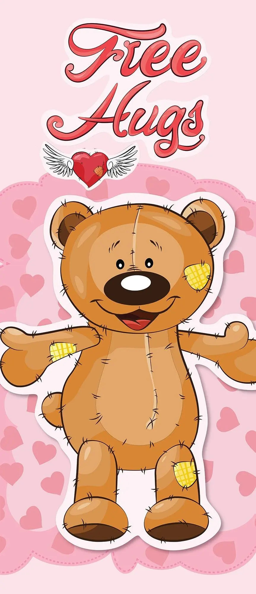 Billede 9 af Fototapet - Brun bamse med lapper og teksten Free Hugs