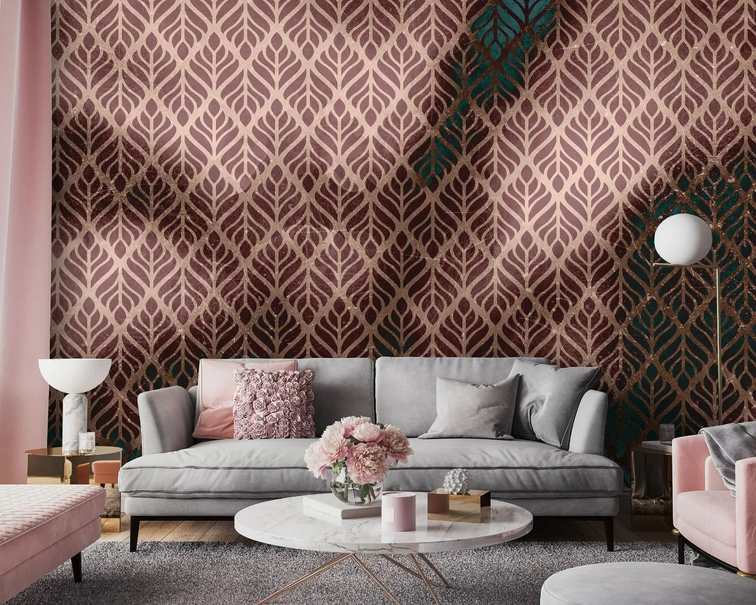 Billede 3 af Fototapet - Brun og beige bladmønster på mørk baggrund